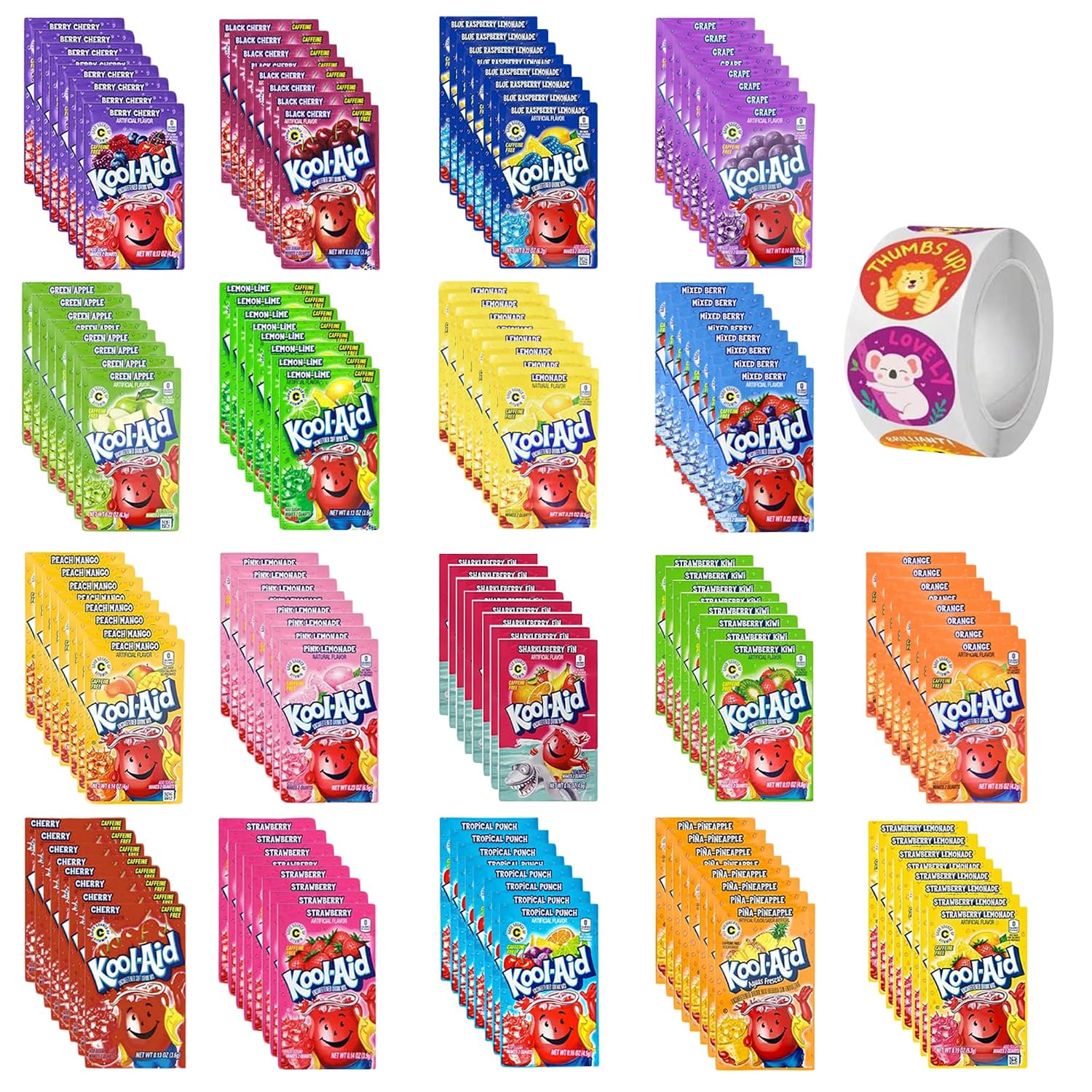 Kool Aid Packets Ultimate Variety (18 Flavors, 144 Packets) Including Cherry, Grape, Lemonade, Mixed Berry, Strawberry, Tropical Punch and more PLUS 5 STICKERS By D.F. LUXURY