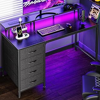 Huuger 47 Inch Computer Desk with Power Outlets and LED Lights, Gaming Desk with 4 Drawers, Office Desk with Monitor Stand, Study Desk Work Desk for Home Office, Small Spaces, Black