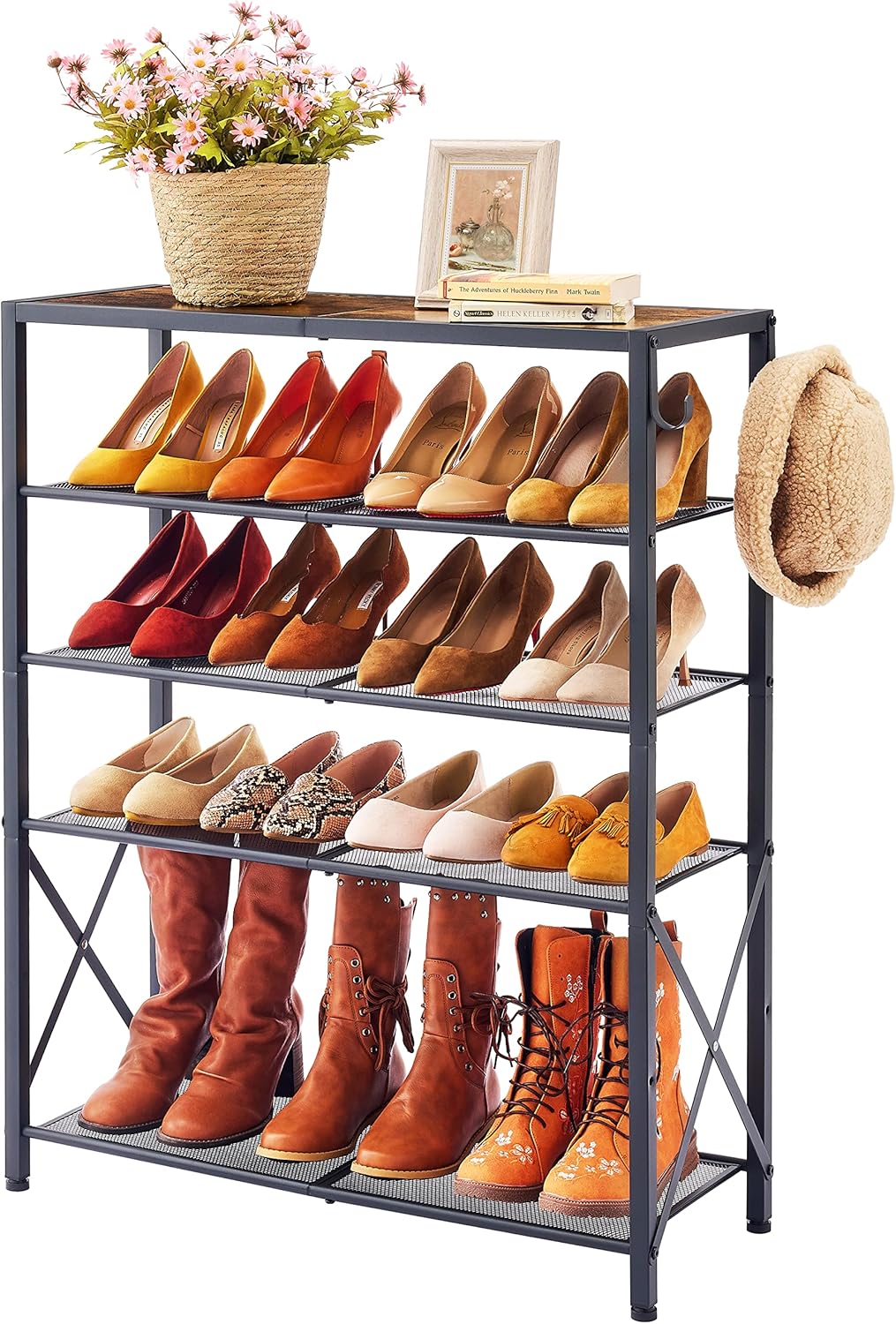 Tajsoon 5 Tier Shoe Rack Organizer for 16-20 Pairs of Shoes, Front Door Shoe Rack with 2 Hooks, Metal Mesh Shoe Shelf for Entryway, Shoe Storage with X Shape Fixed Frame, Rustic Brown & Black