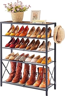 Tajsoon 5 Tier Shoe Rack Organizer for 16-20 Pairs of Shoes, Front Door Shoe Rack with 2 Hooks, Metal Mesh Shoe Shelf for Entryway, Shoe Storage with X Shape Fixed Frame, Rustic Brown & Black