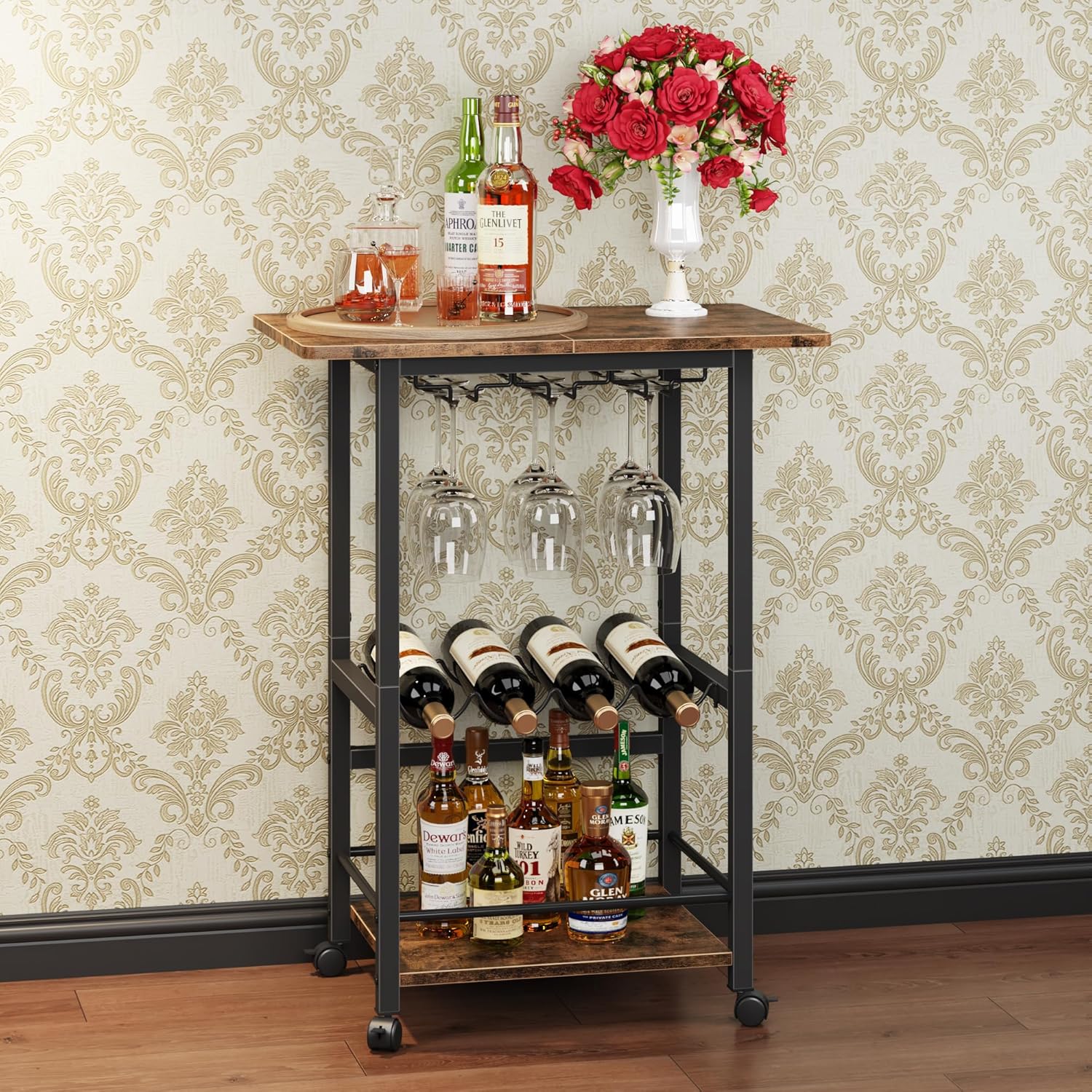 OYRREU 3-Tier Bar Cart, Bar Drinks Trolley on Wheels, Tea Serving Trolley for Home, Garden & Kitchen Storage, Indoor & Outdoor Cocktail Alcohol Catering Trolley for Dining Living Room, Rustic Wood