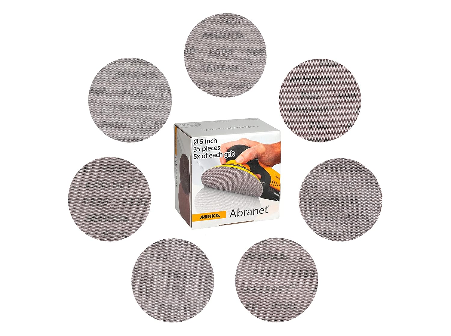 Mirka Abranet 5 Inch Assortment Mesh Sanding Discs, Hook and Loop, 35 Pack