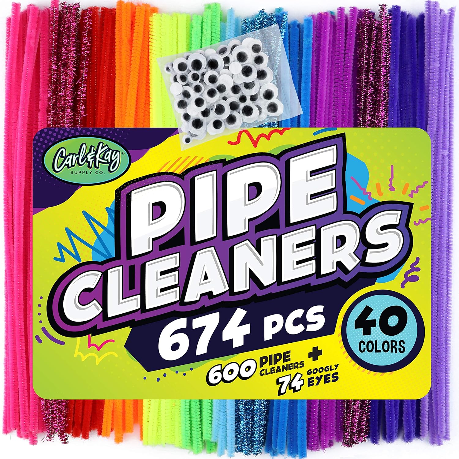Carl & Kay 600 Pipe Cleaners & 74 Googly Eyes - Chenille Stems Craft - Colorful Pipe Cleaners for Kids - Bulk Soft Fuzzy Stems
