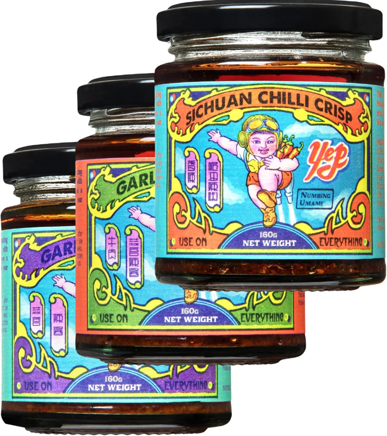Yep Kitchen Great Taste Chilli Oil Bundle 3 x 160g | All Rated "Outstanding" in the Great Taste Awards | Sichuan Crispy Chilli Oil, Garlic Chilli Oil, & Garlic Chilli Oil with Beef | Chinese Food