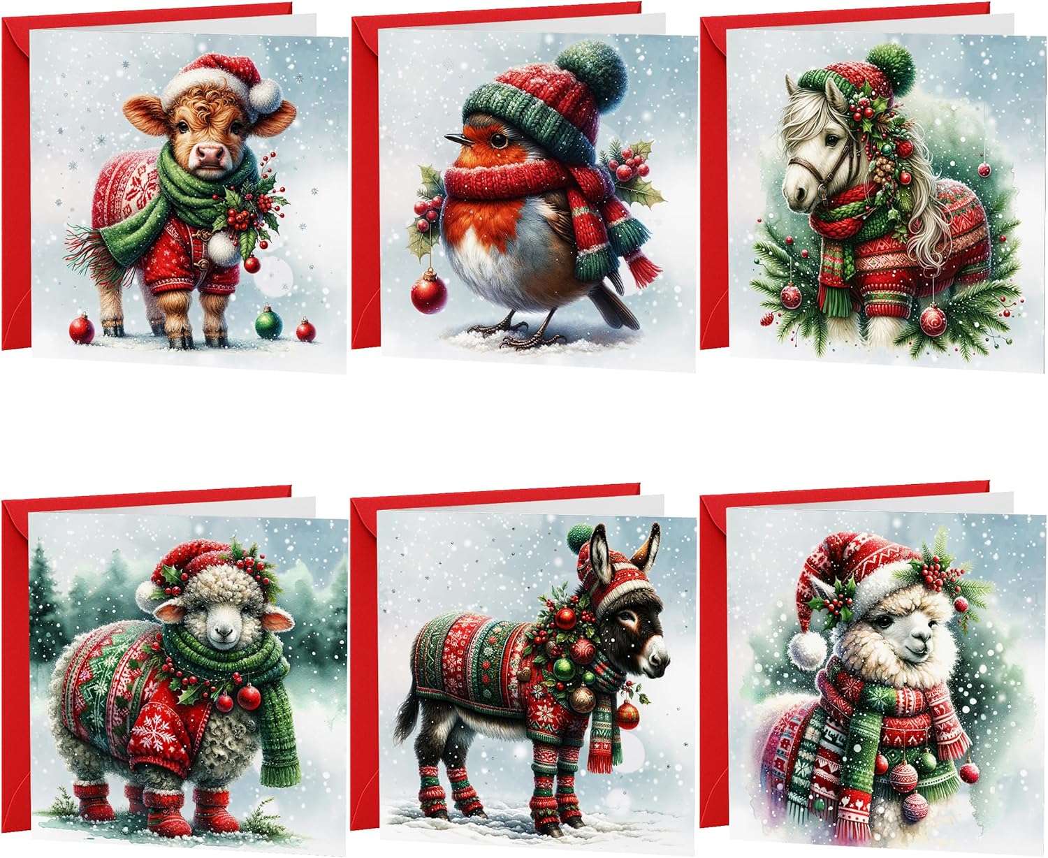Christmas Cards Multipack 30 Pack Xmas Cards Multi pack | 6 Cute Christmas Animals Donkey Sheep Highland Cow Horse Festive Seasons Greetings For Friends & Family