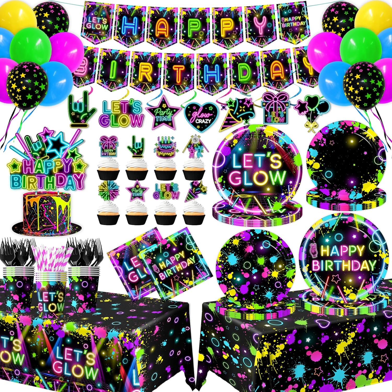 Neon Party Supplies Serves 24,Glow in The Dark Themed Tableware Including Plates,Napkins,Banner,Tablecloths Neon Birthday Party Decorations for Let's Glow Baby Shower Birthday Favors