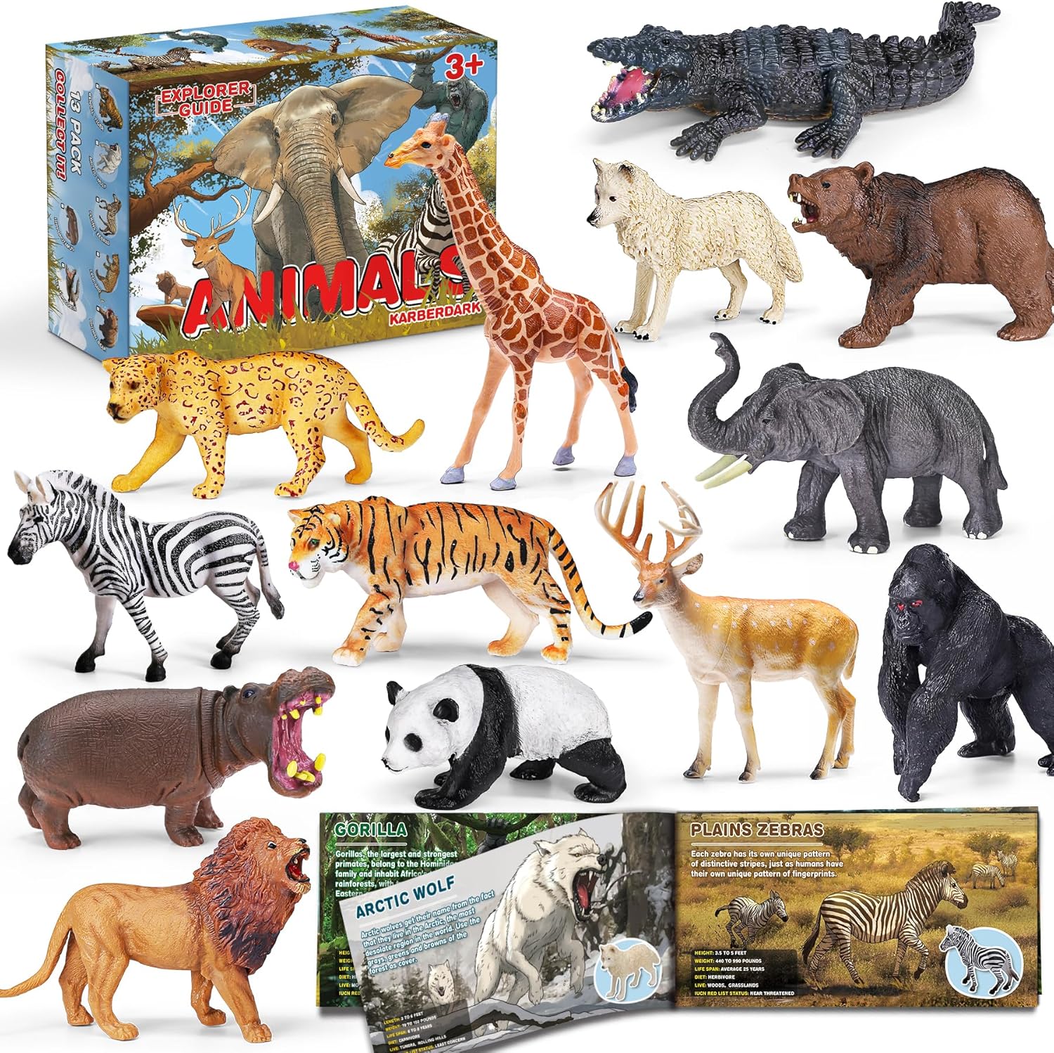13 Pack Wild Animal Toys with Educational Booklet and Gift Box, Realistic Safari Animals Figures for Kids, Plastic Zoo Animals Figurines for Toddler Ages 1-3, Jungle Birthday Party Favor for Boy Girl