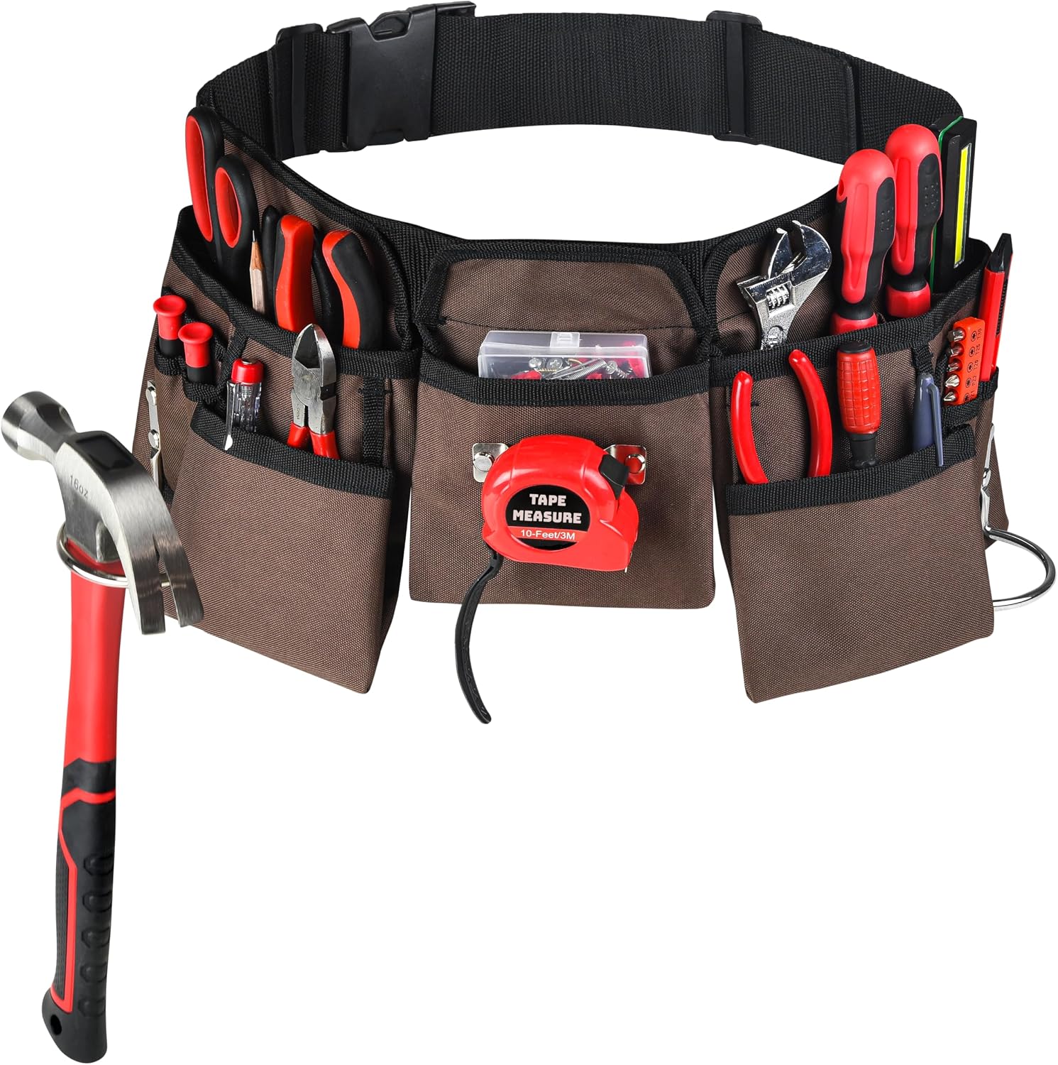 11 Pocket Brown and Black Heavy Duty Construction Tool Belt, Work Apron, Tool Pouch, with Poly Web Belt Quick Release Buckle - Adjusts from 33” Inches All the Way to 50” Inches