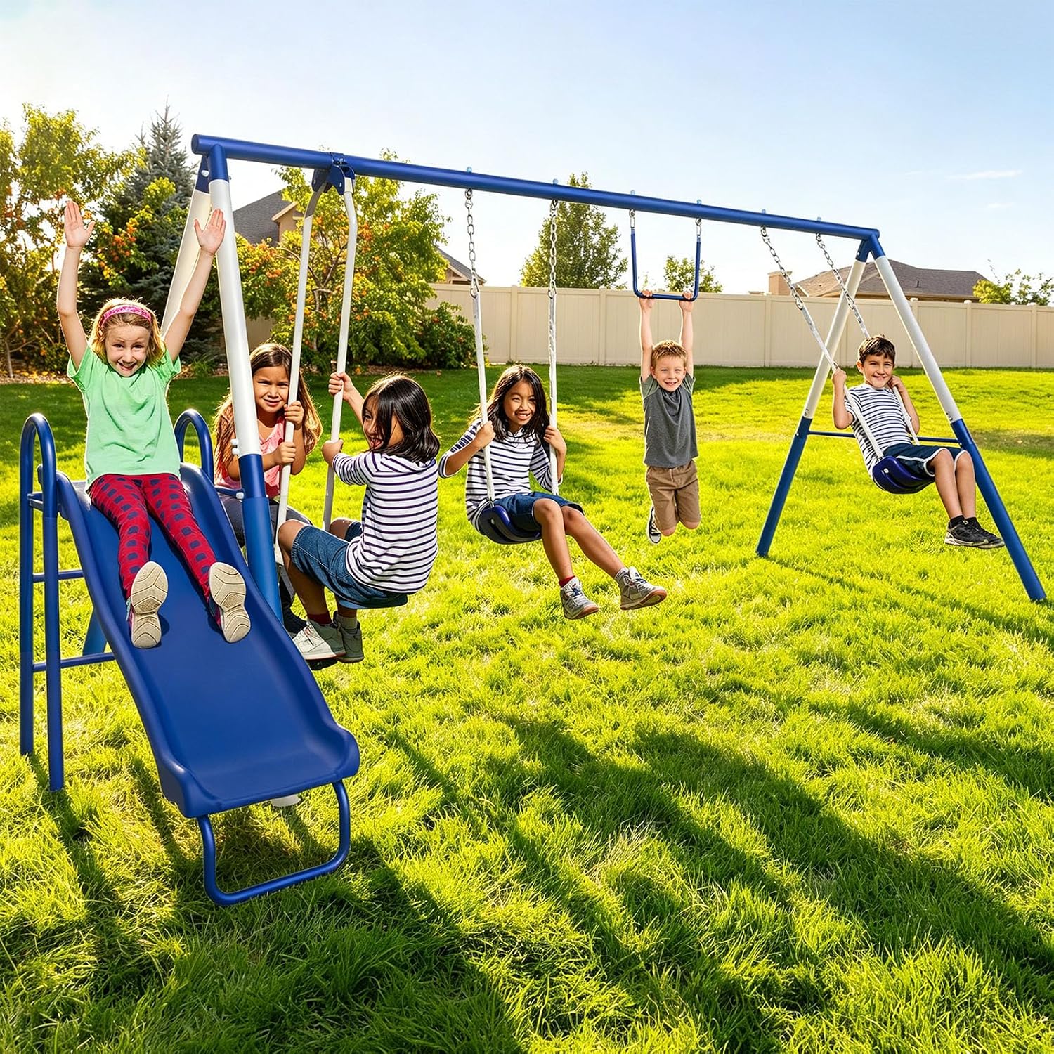 Sportspower Arcadia Metal Swing Set for Kids – Trapeze, 2-Person Glider, 5ft Slide, Anchor Kit, 6.1ft Durable Steel Frame – Outdoor Backyard Playset with 600 lbs Capacity