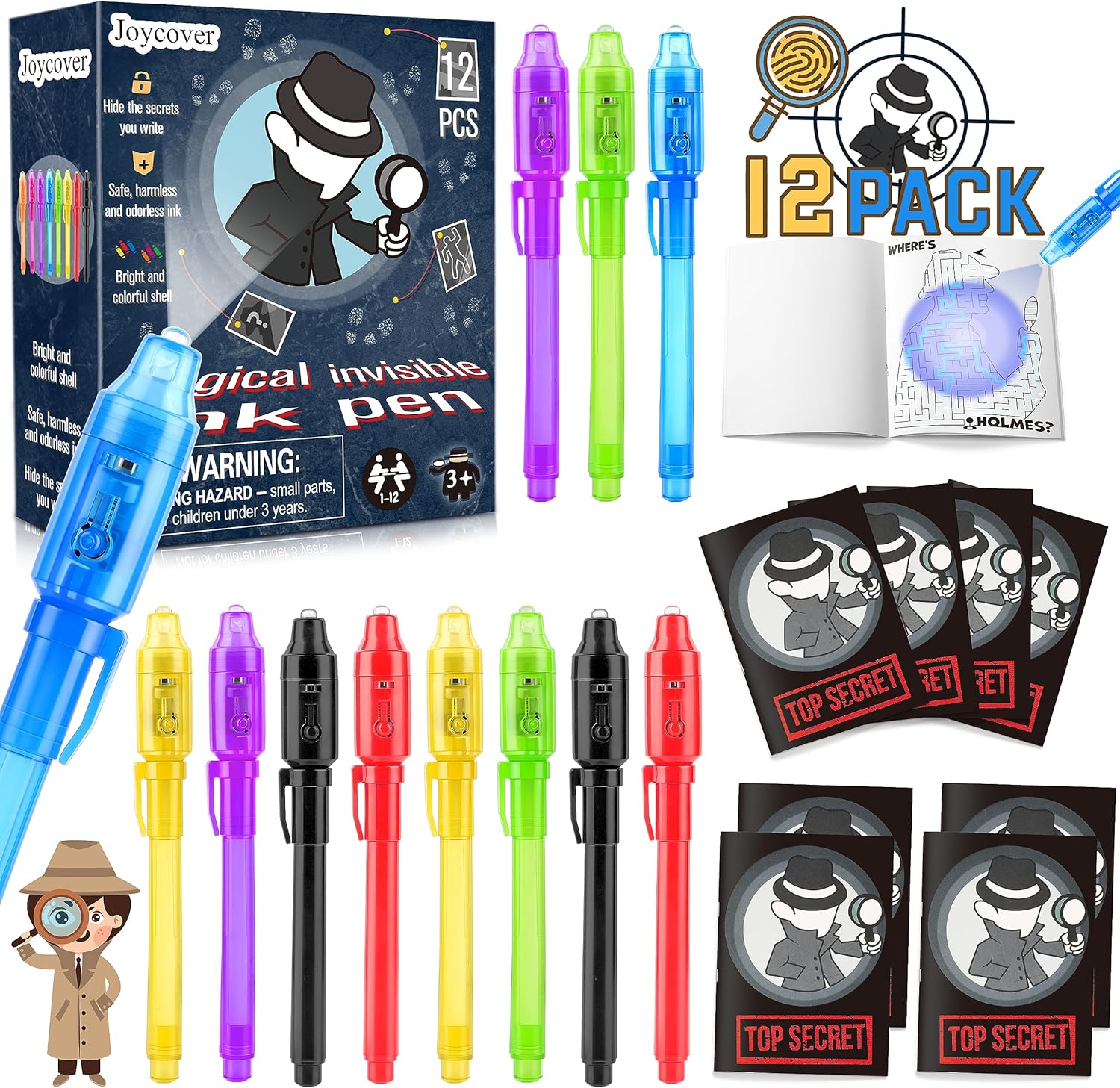Joycover 12 PCS Invisible Ink Pen with UV Light for Kids, Spy Pens and Notebook, Birthday Party Favors for Kids 4-8, School Prize Goodie Bag Stuffers, UV Pen for Secret Message Escape Room