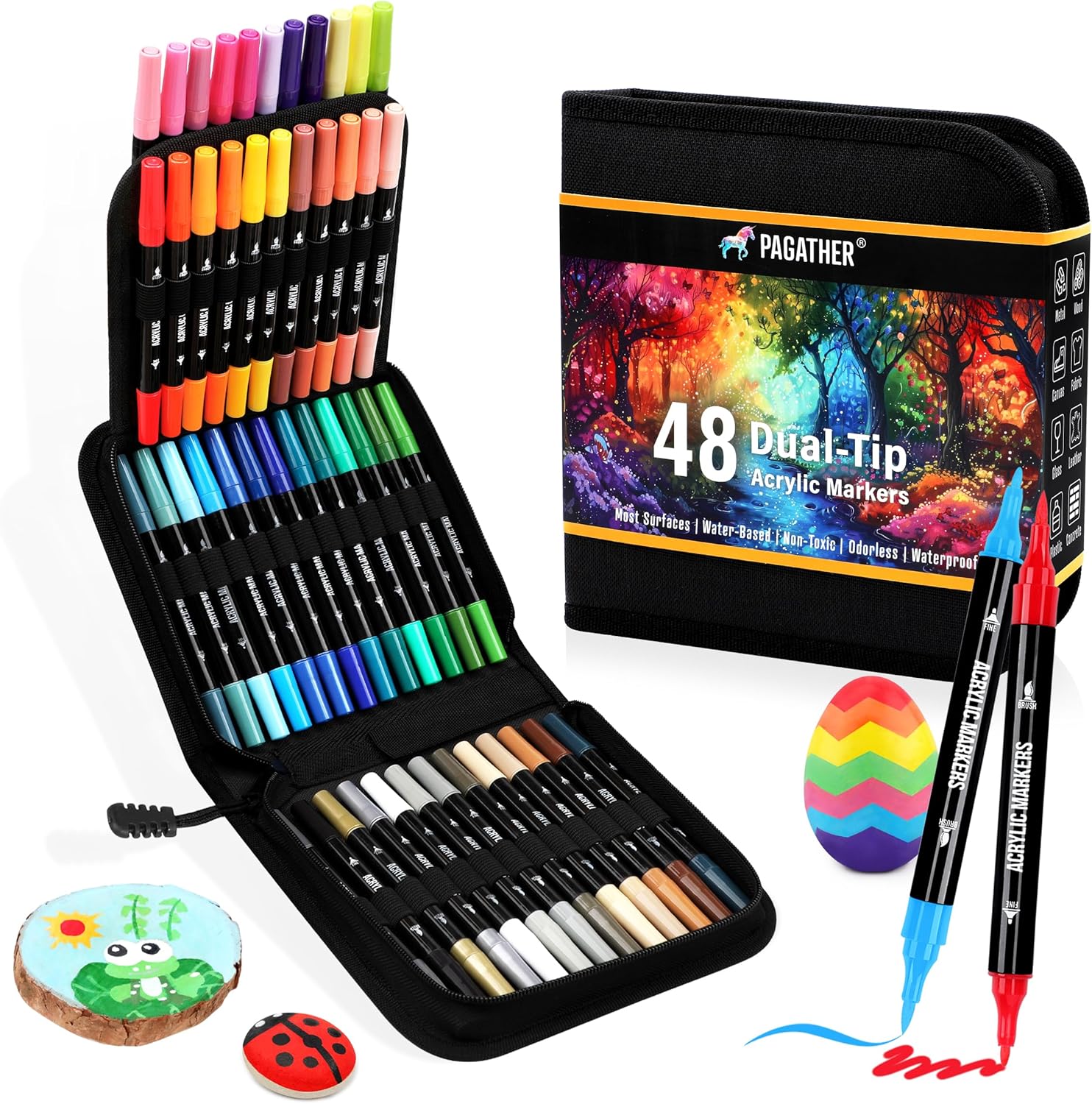 48 Colors Acrylic Paint Markers, Dual Tip with Fine Tip and Brush Tip Pens for Stone, Wood, Calligraphy, Canvas, Ceramic, Metal, Glass, Rock Painting, DIY Crafts Art Supplies Kit
