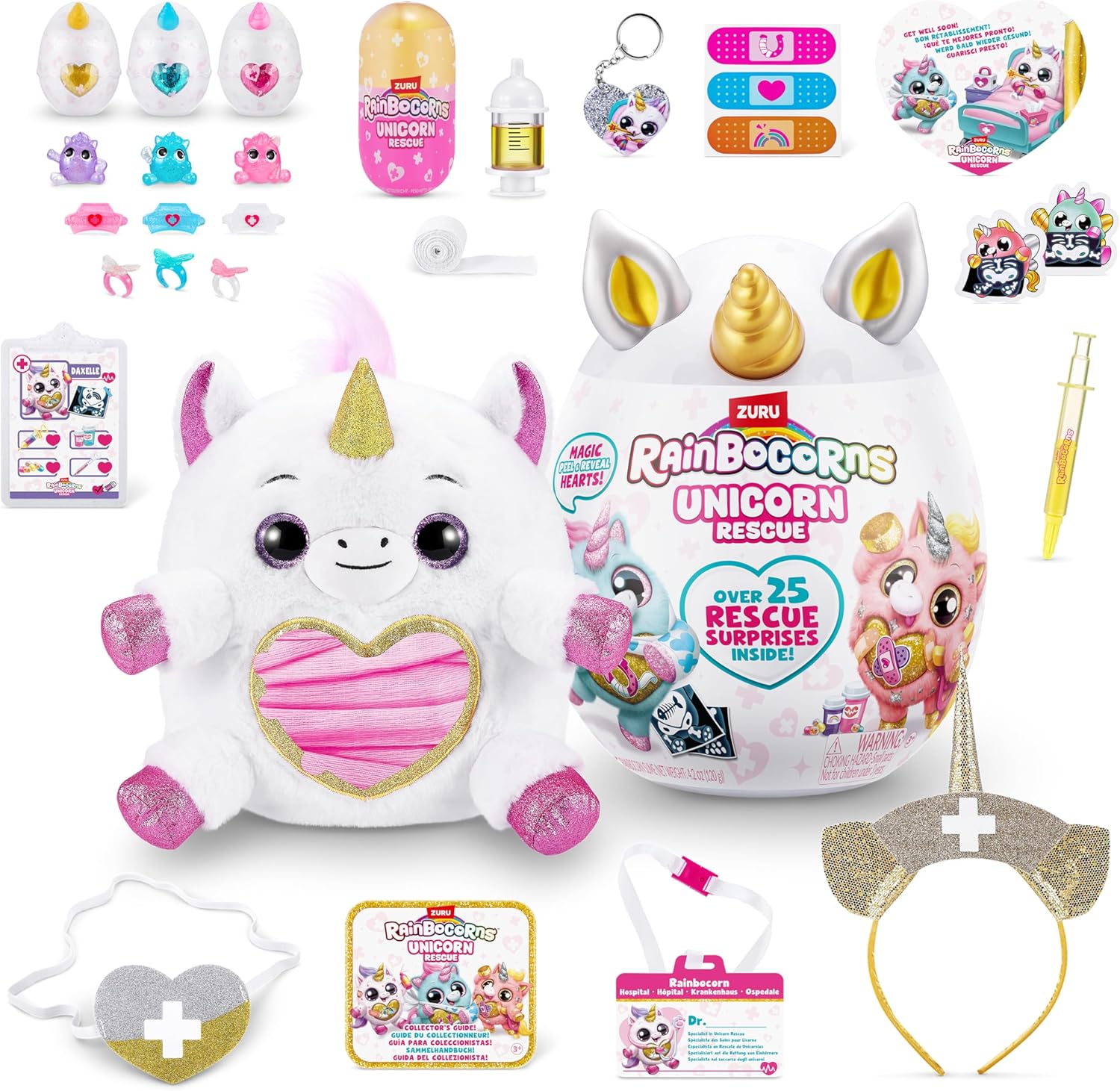 Rainbocorns Unicorn Rescue Surprise (White) by ZURU, Collectible Plush Stuffed Animal, Egg Toys, X-Ray Sticker Pack, Magical Slime, Headband, Ages 3+ for Girls, Children (Daxelle The Unicorn Plush)