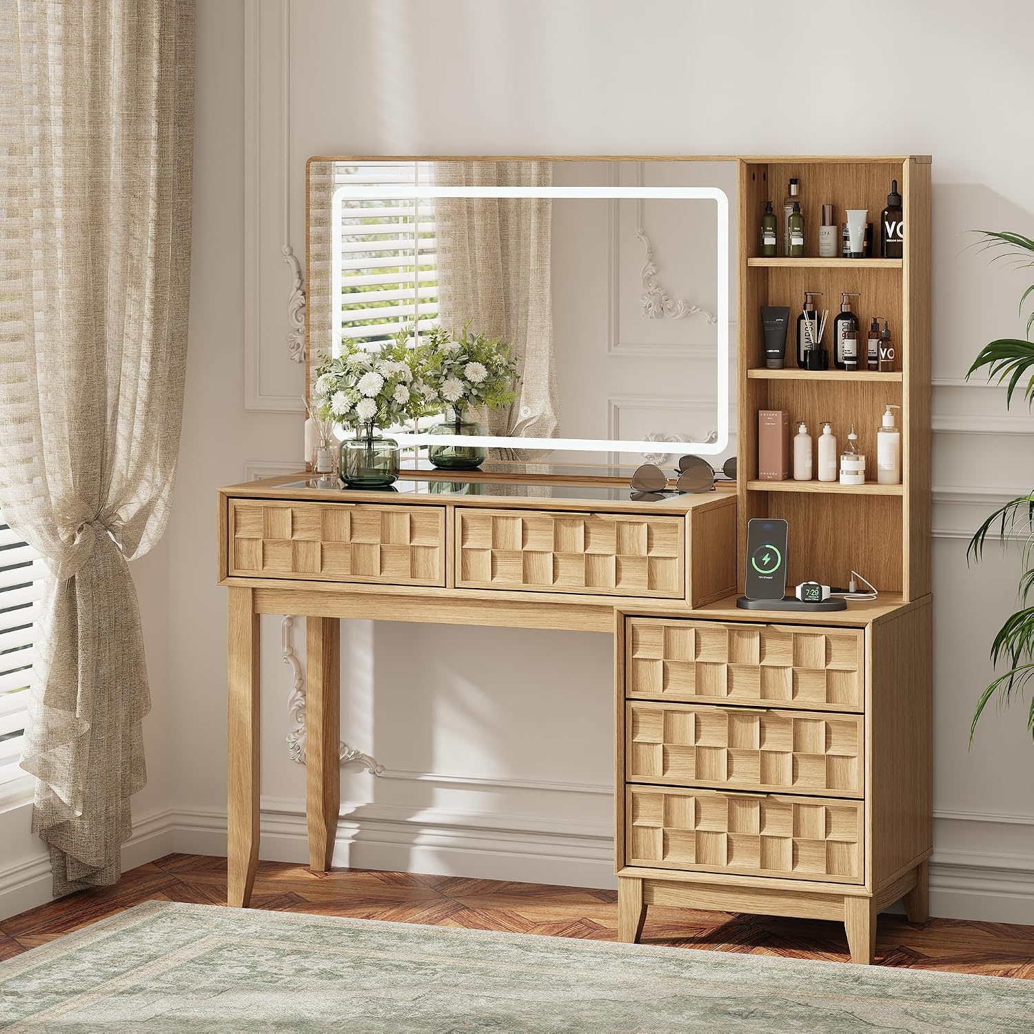 MALOL 50" Large Glass Top Vanity Desk, Natural Wood