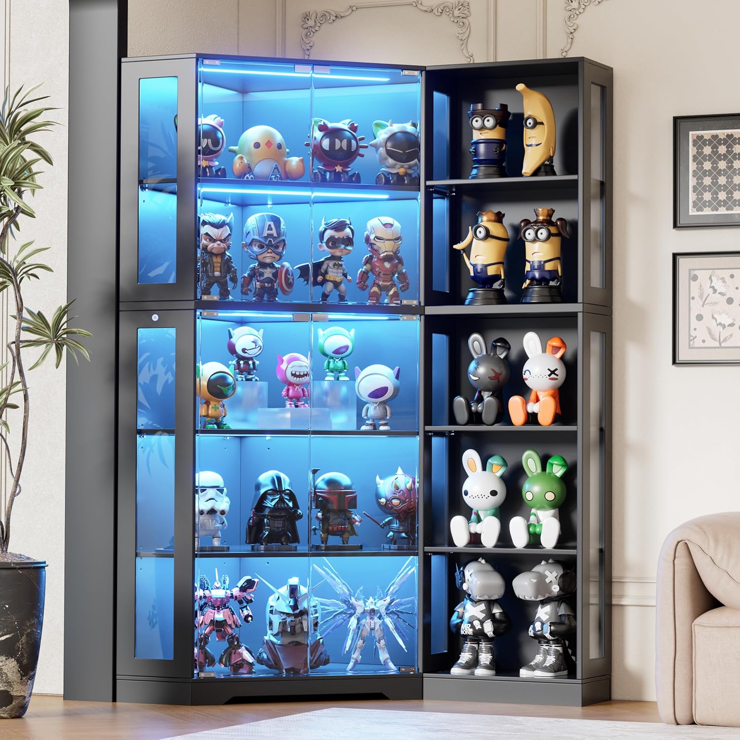 Corner Display Cabinet with Glass Doors,5-Tier Curio Cabinet with 3 Color Lights for Collectibles,75" Glass Display Case for Toys, Books, Extra Bookcase with 5 Shelves, Storage Cabinets, Black