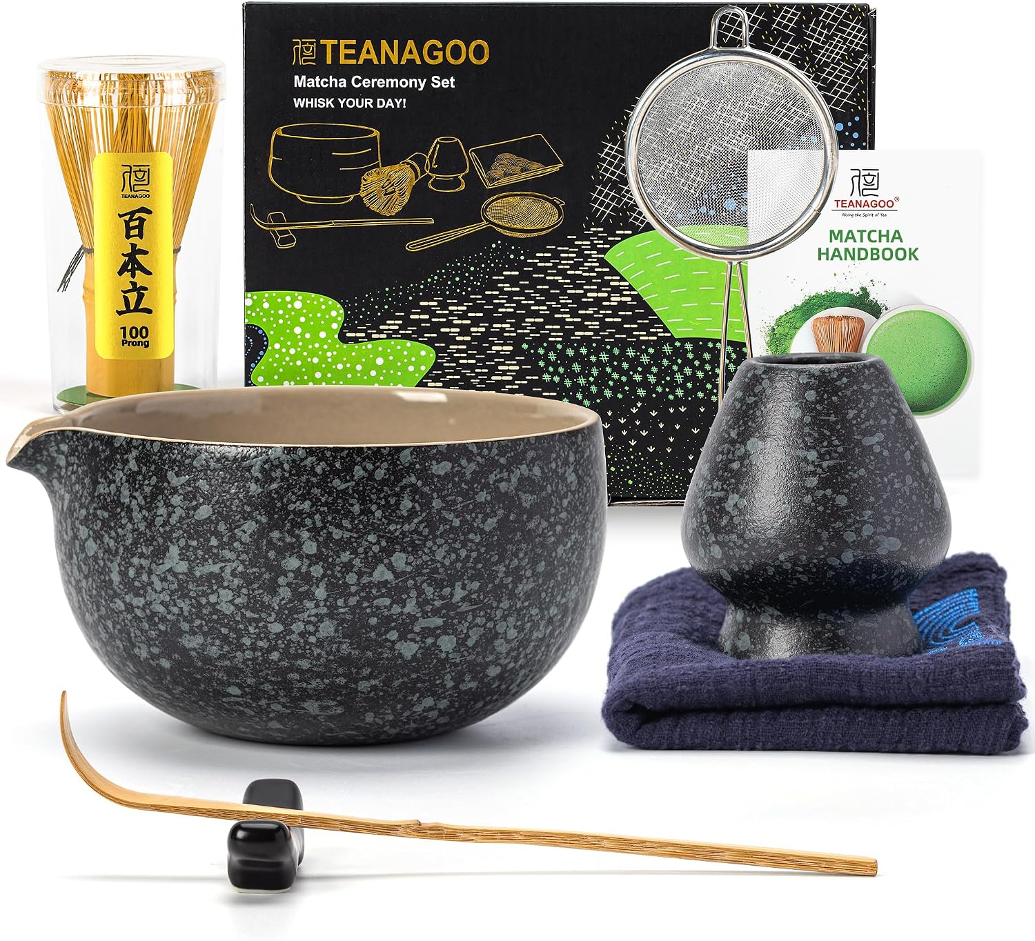 TEANAGOO Matcha Whisk,7 Pcs Matcha Set,Matcha Kit for Ceremony,Matcha Tea Set for Making Breakfast/Latte,Matcha Whisk Set and Bowl(chawan) with All Accessories,Gift for Matcha Lover