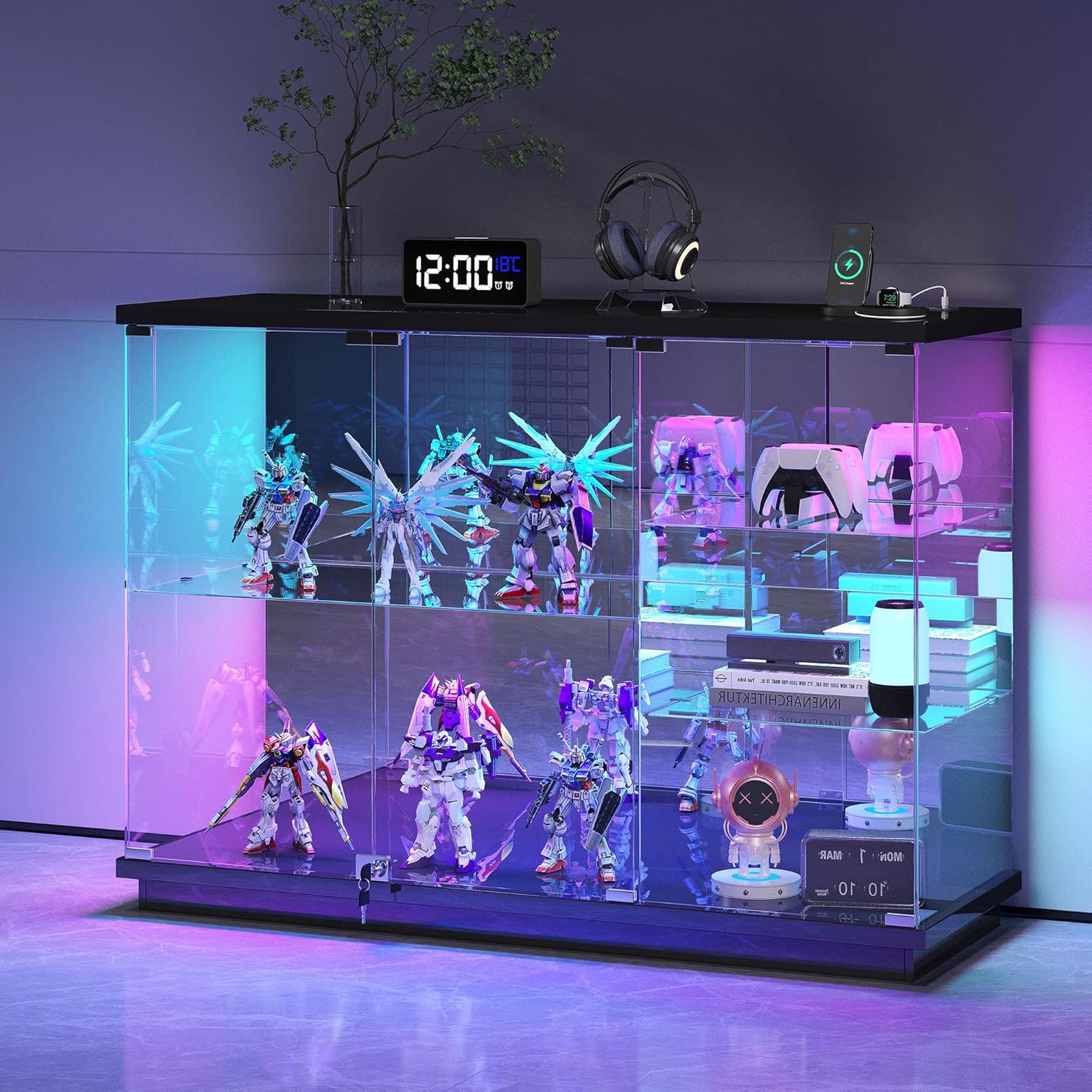 OUTDOOR DOIT RGB Glass Display Cabinet - with Lock, High Gloss Sideboard with Human Body Sensor & Glass Shelves for Toys, Books, Collectibles, Liquor, Bookcase for Living Room, Kitchen, Study, Black