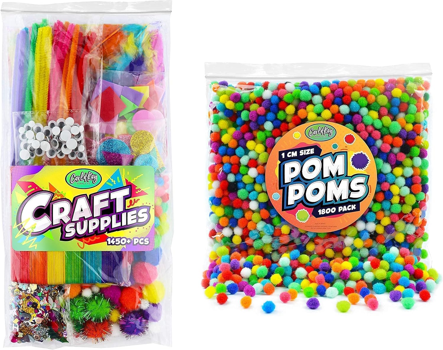 Carl & Kay 1450+ pcs Crafts Supplies for Kids & 1800 1 cm Pom Poms