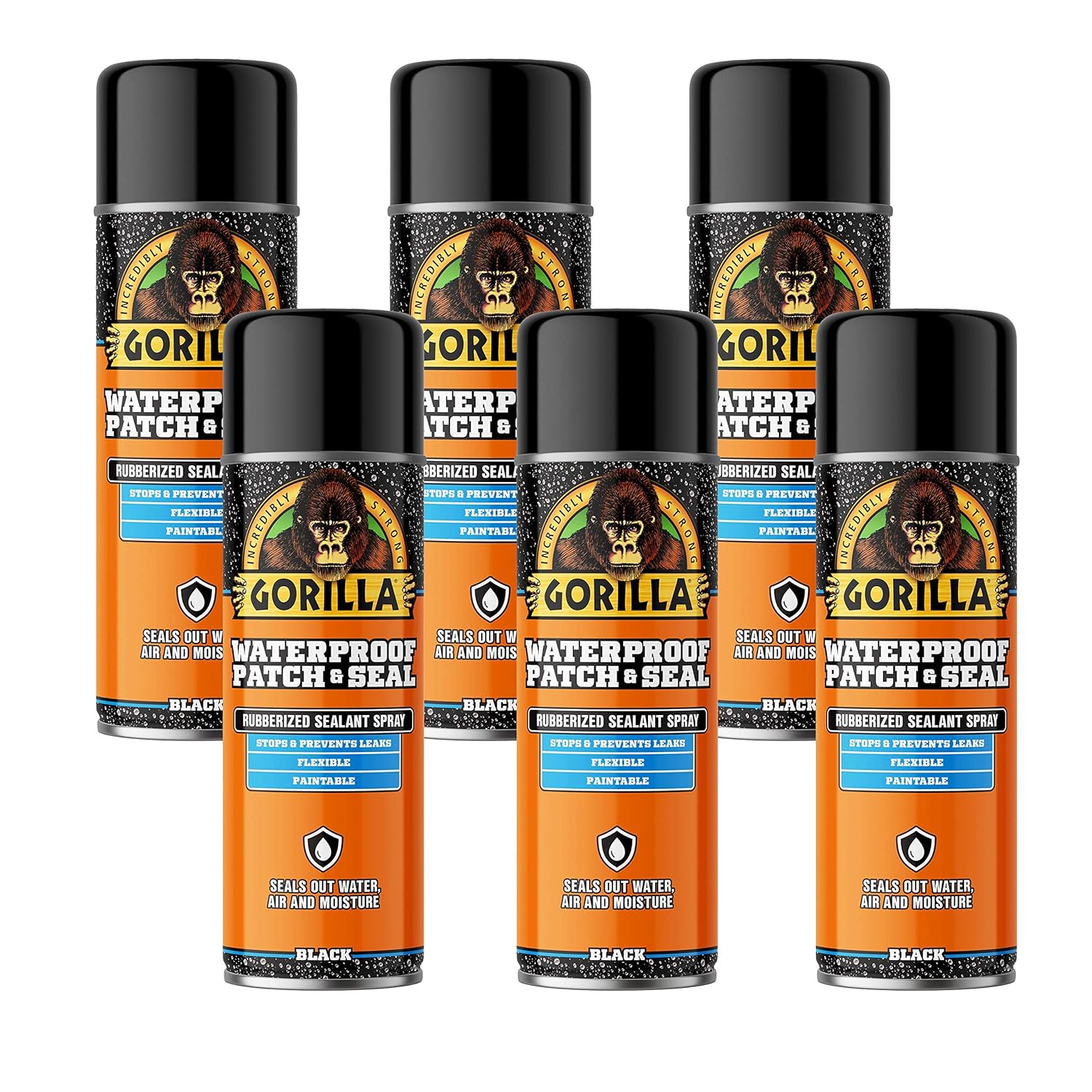 Gorilla Waterproof Patch & Seal Rubberized Sealant Spray, Black, 16 Ounce (Pack of 6) - Seals Out Water, Air, and Moisture