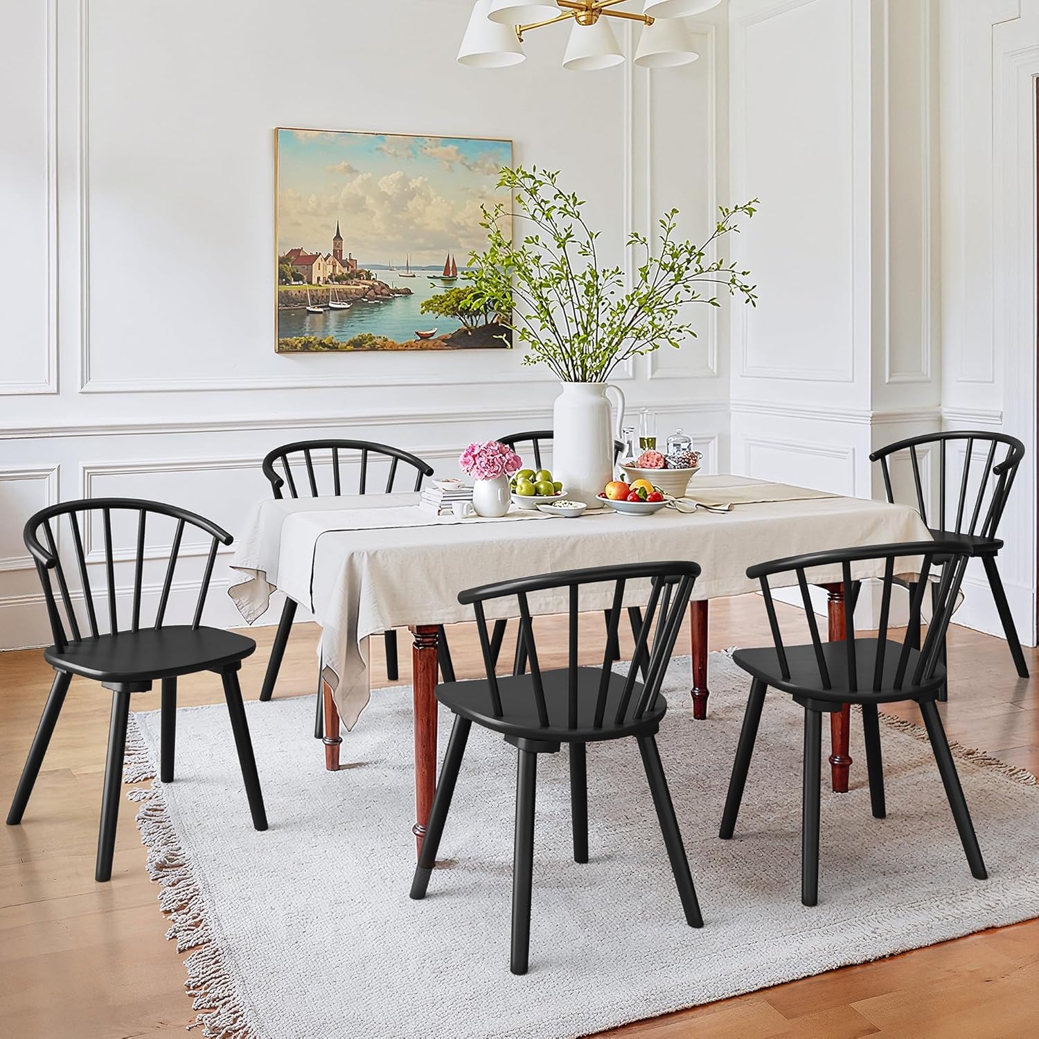 LUE BONA Black Dining Chairs Set of 6, Farmhouse Wood Dining Chairs with Semicircular Backrest, Spindle Dining Chair for Kitchen and Dining Room, 18 Inch