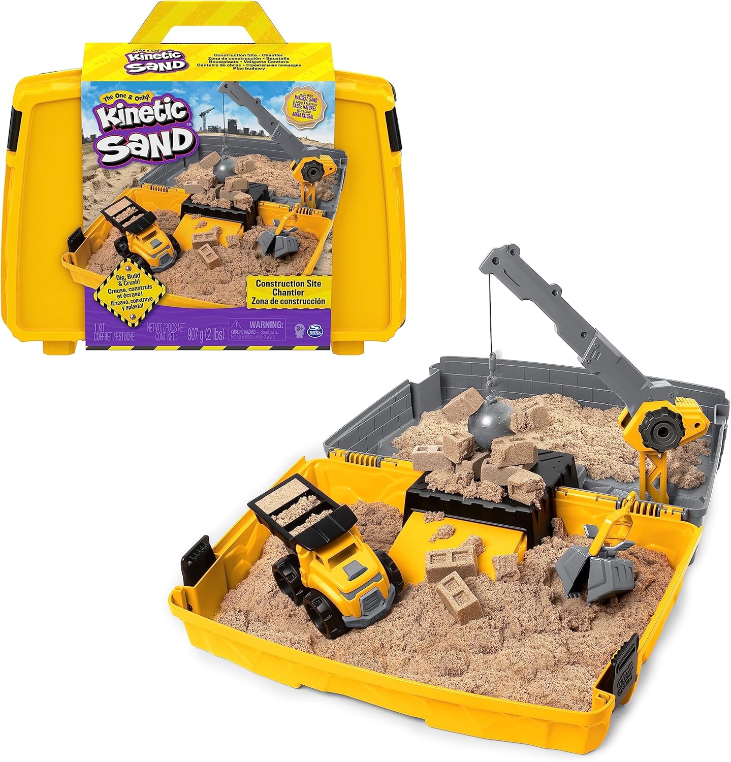 Kinetic Sand, Construction Site Folding Sandbox with 2lbs Play Sand & Toy Truck, Sensory Toys for Kids Ages 3 and up
