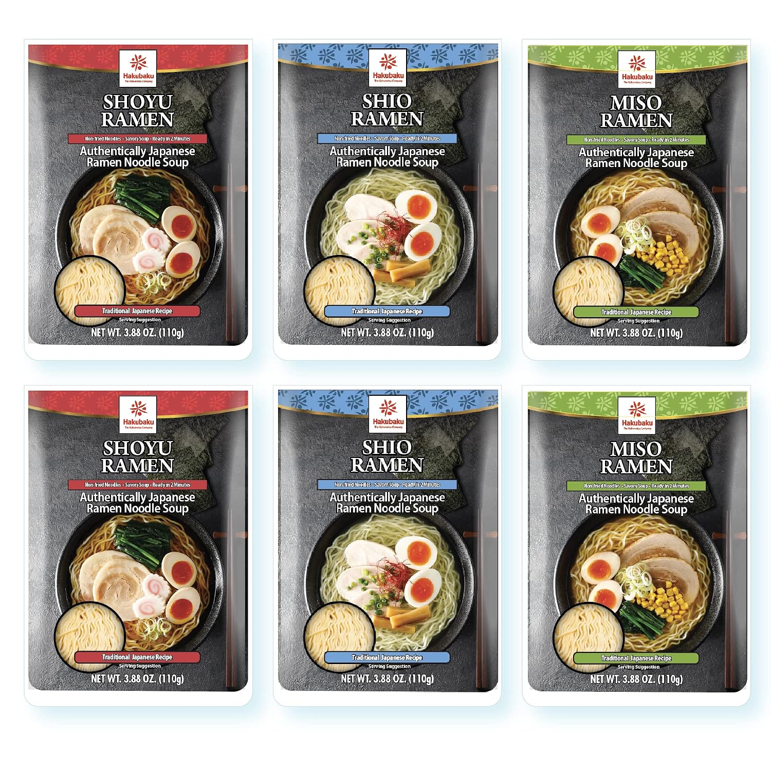 Hakubaku Authentic Japanese Ramen (Variety 6 PACK) Non Fried Soft Noodles