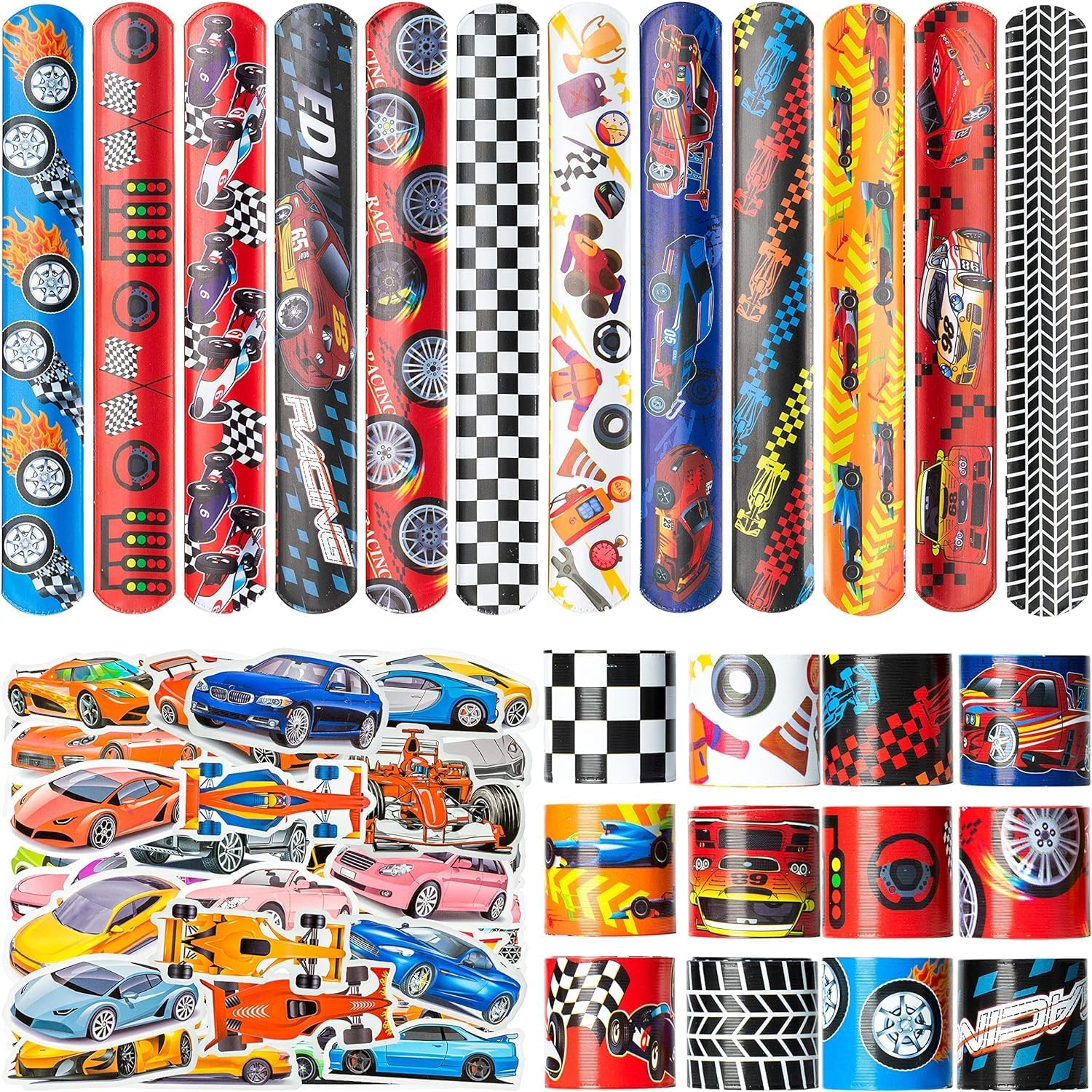 Haooryx Multi-Item Party Favor Packs - 74Pcs Racing Car Slap Bracelets 50Pcs Race Car Stickers Racing and Speed Wristband Checkered Flags Slap Bracelets Kids' Birthday Party School Rewards Game Prizes