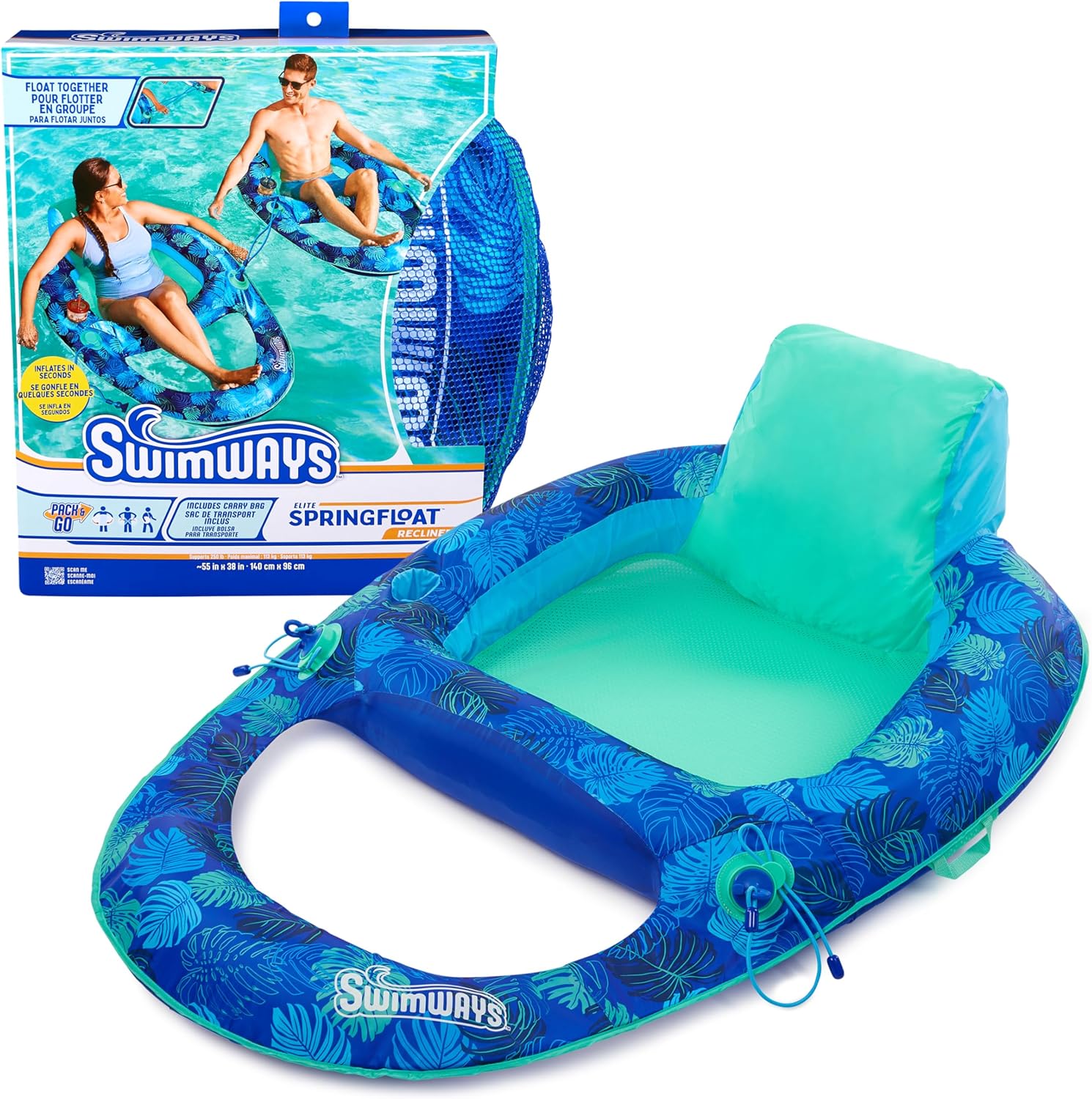 SwimWays Elite Spring Float Recliner Pool Lounger, Inflatable Pool Floats Adult with Fast Inflation, Pool Recliner for Adults up to 250 lbs