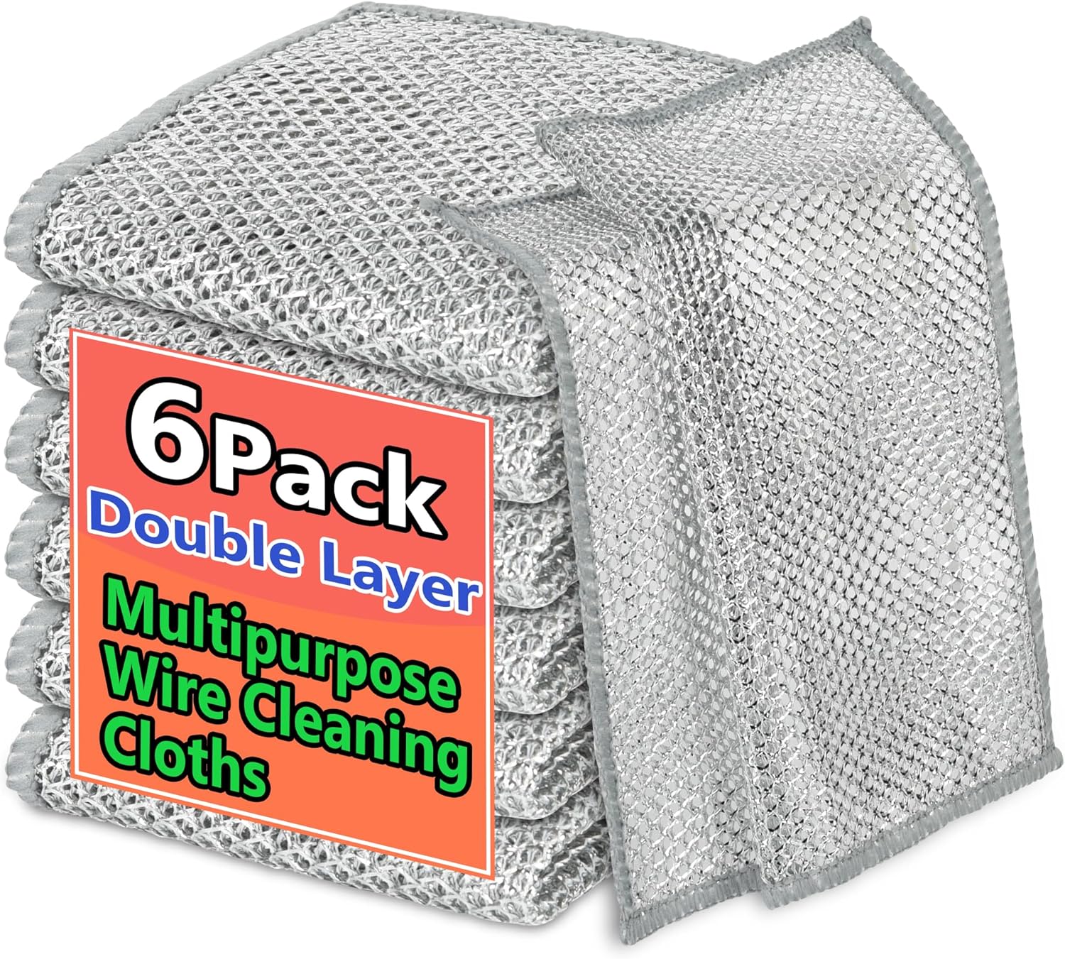 6PCS Double-Layer Wire Dishcloth, Non-Scratch Wire Dishwashing Rags, Multipurpose Wire Cleaning Cloths for Home/Kitchen(7.87''x7.87'')