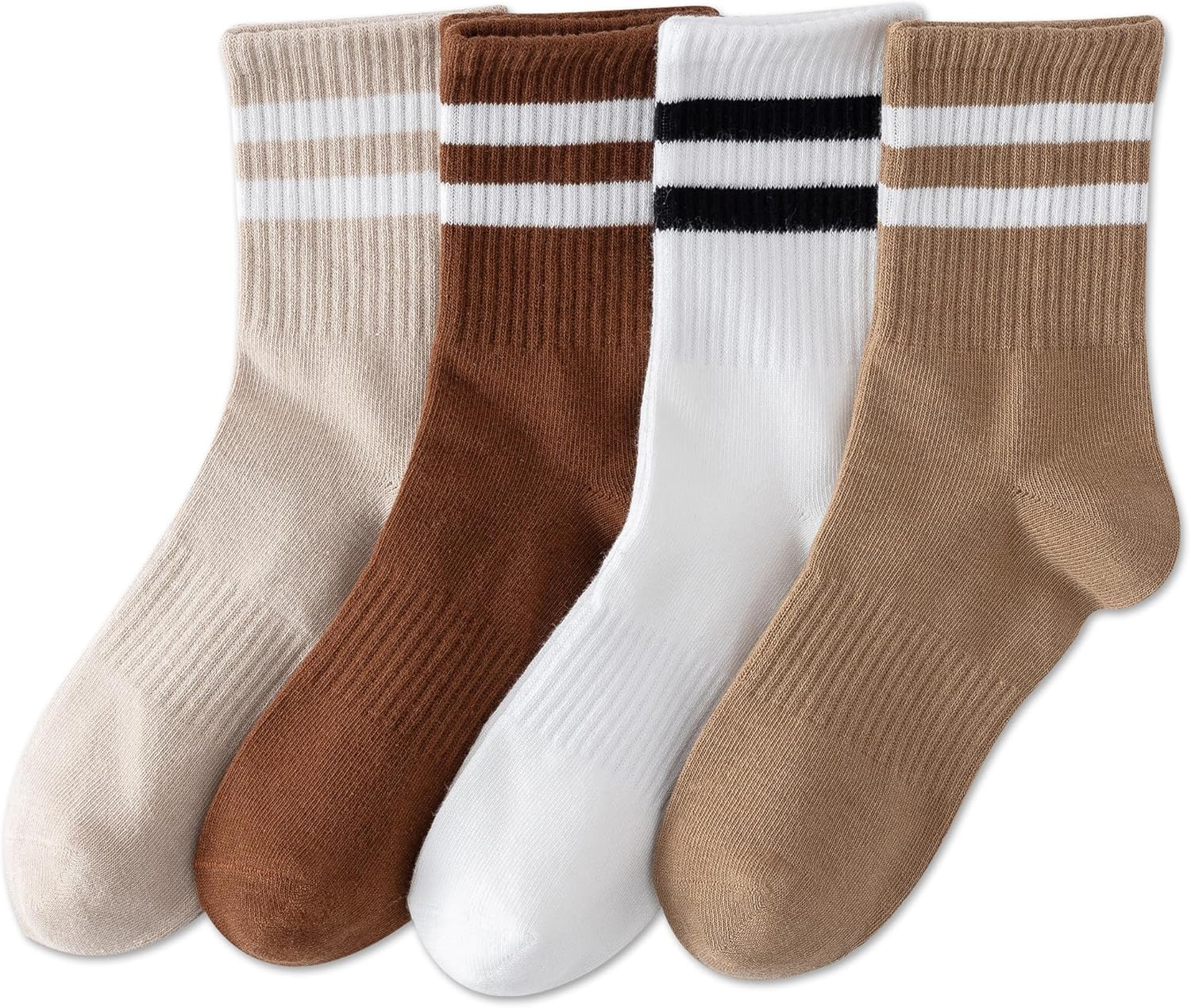 YUWELL Womens Striped Crew Socks, Cotton Cozy Casual Socks for Women 4 Pairs, Size 5-10