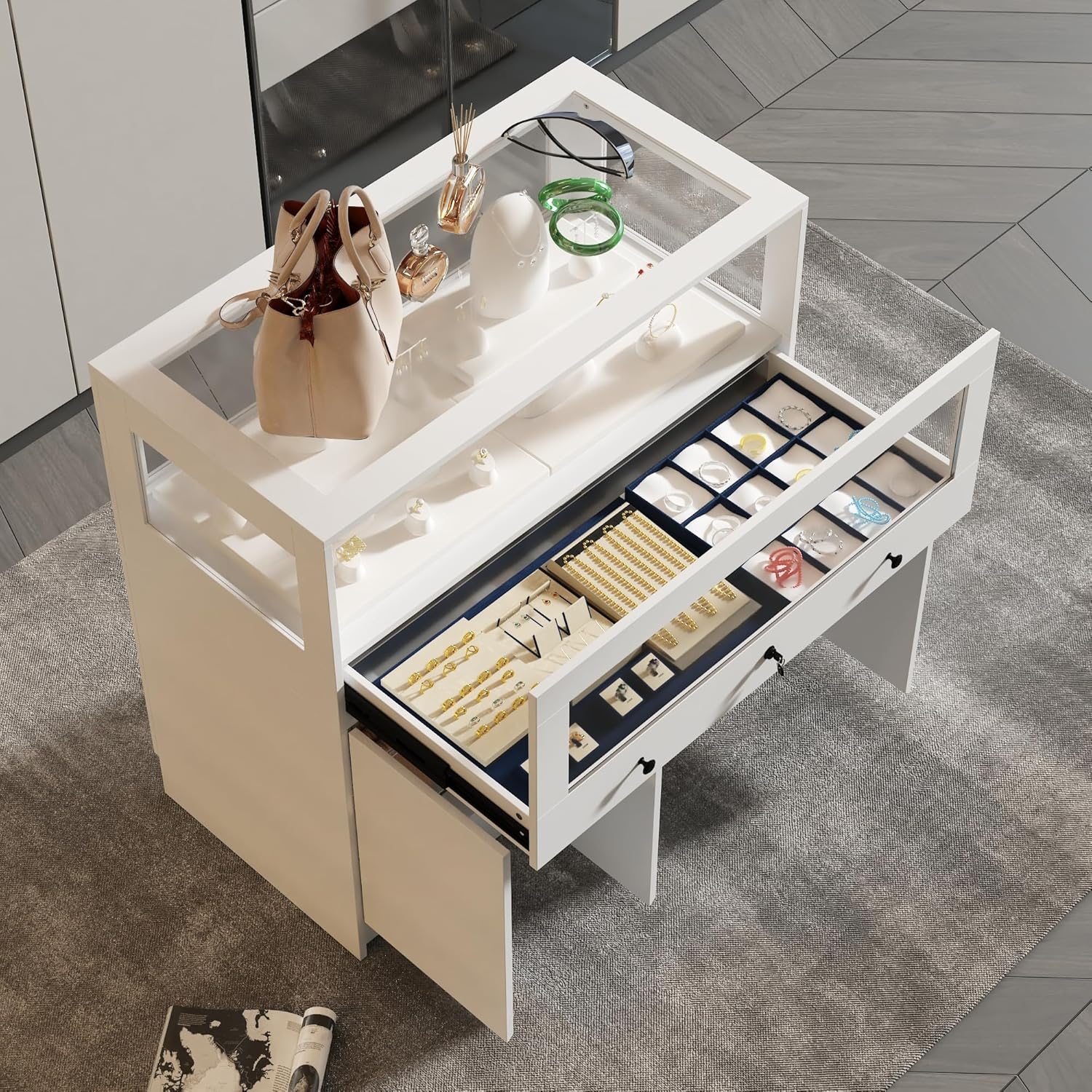 Lockable Glass Display Cabinet Closet Island, Glass Top Storage Cabinet for Retail, Collectibles Showcase with 3 Doors, Walk in Display Island for Retail Shop, Cloakroom, White