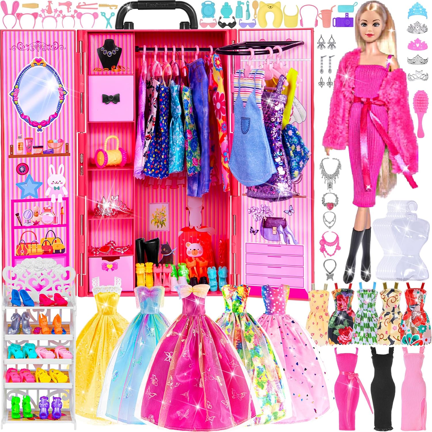 104-Piece Fashion Doll Wardrobe Playset with Poseable 11.5" Doll & 104 Accessories | ASTM-Certified Pretend Play Gift Set for Girls Ages 3+ (Including One Doll)