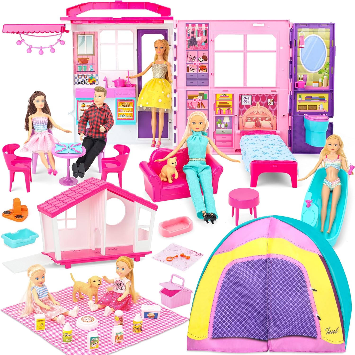 Doll House Gift Set for Dolls and Barbie with 60+ Pieces & 2 x 5.5inch Dolls: Playhouse Toy with Bedroom, Living Room, Kitchen, Pet House, and Camping Playset