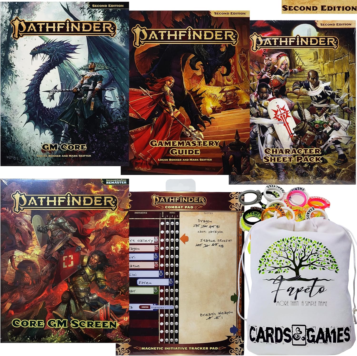 Pathfinder GM Core rulebook, Gamemastery, GM Screen, Combat Pad, Character Sheet Bundle with Fapeto Travel Drawstring Dice Bag and Compatible RPG Condition Rings