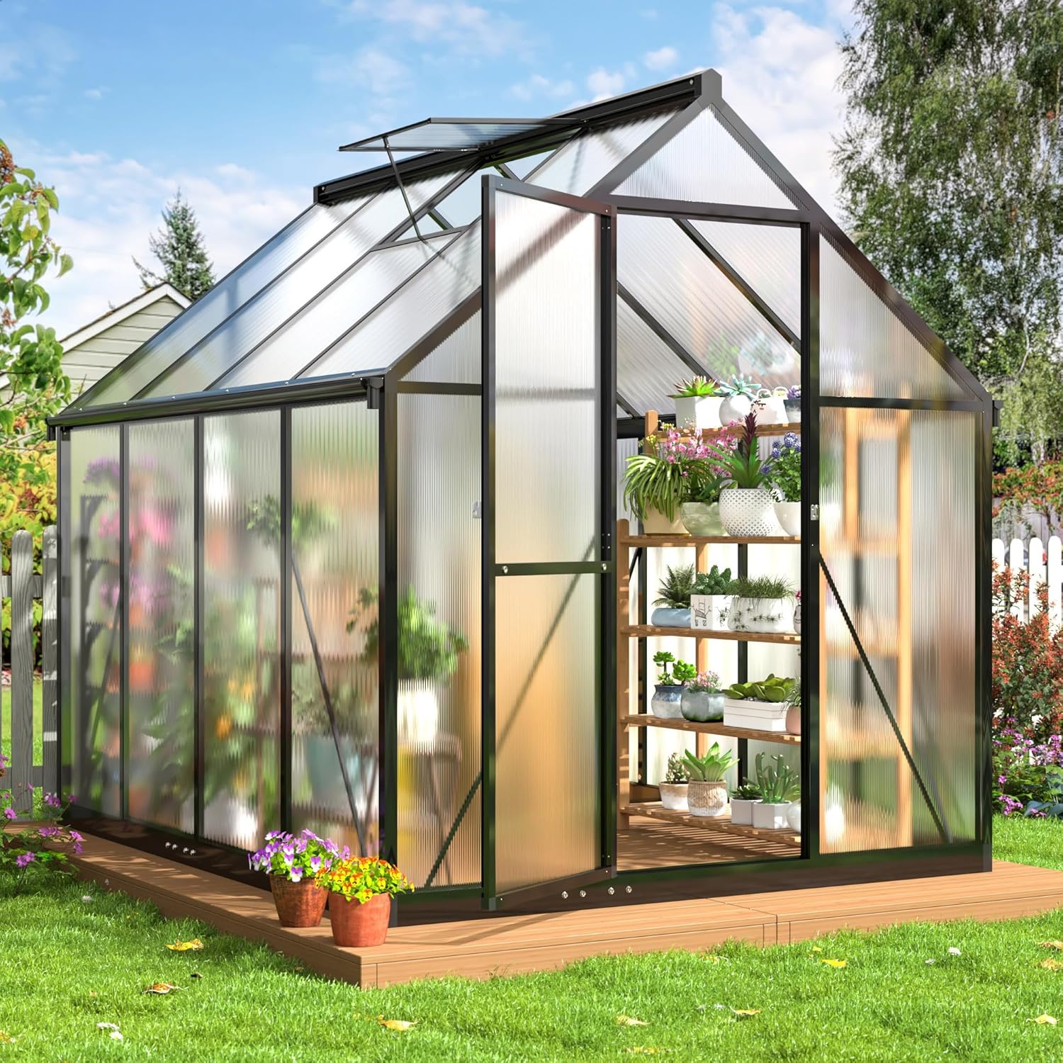 6x7.5 FT Greenhouse for Outdoors, Polycarbonate Greenhouse with Quick Setup Structure and Roof Vent, Aluminum Large Walk-in Green House for Outside Garden Backyard, Black