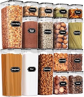 PRAKI Airtight Food Storage Containers Set, 16 Pcs BPA Free Plastic Dry Food Canisters for Kitchen Pantry Organization and Storage Ideal for Cereal, Flour & Sugar - Labels, Marker(Black)