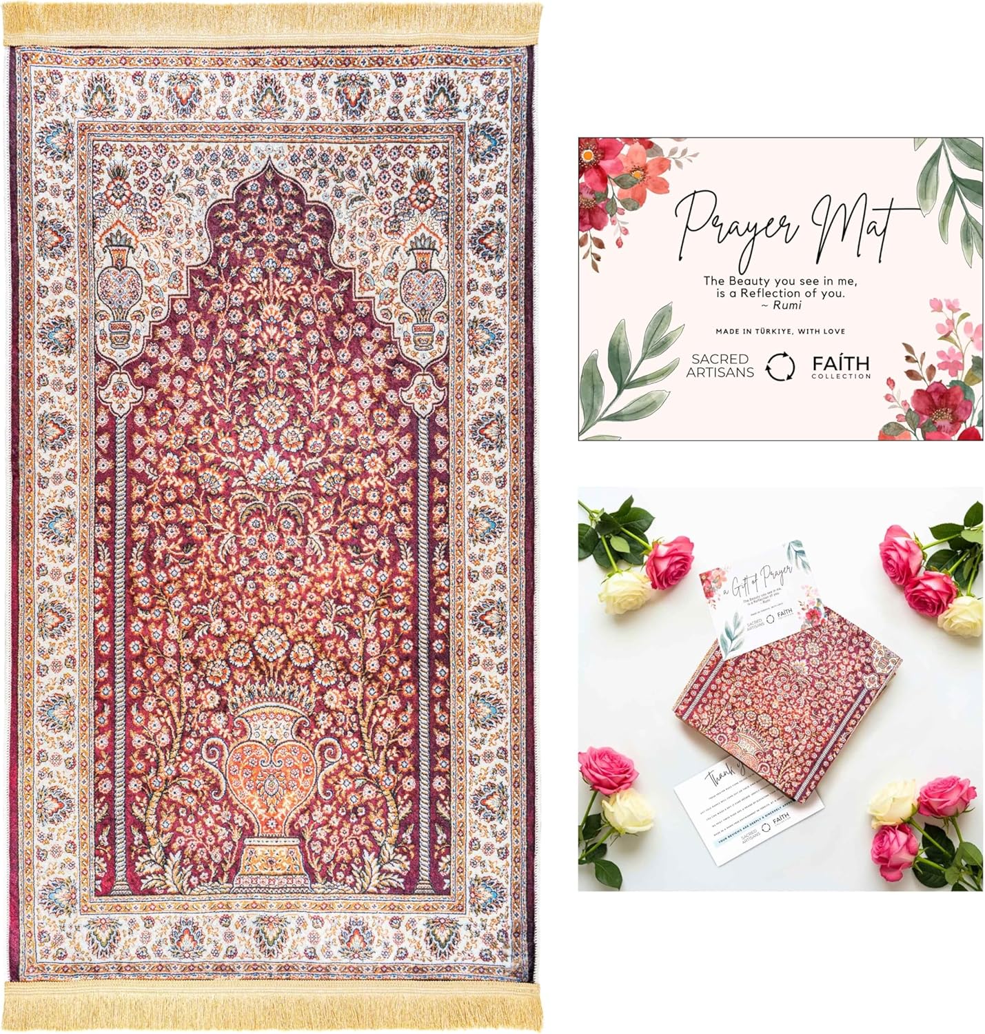 Sacred Artisans Muslim Prayer Rug and Islamic Prayer Mat with for Men and Women, a Turkish Sajadah for Salah and Gift for Ramadan, Eid, Hajj or Travel (Ruby Red, Super Soft Touch)