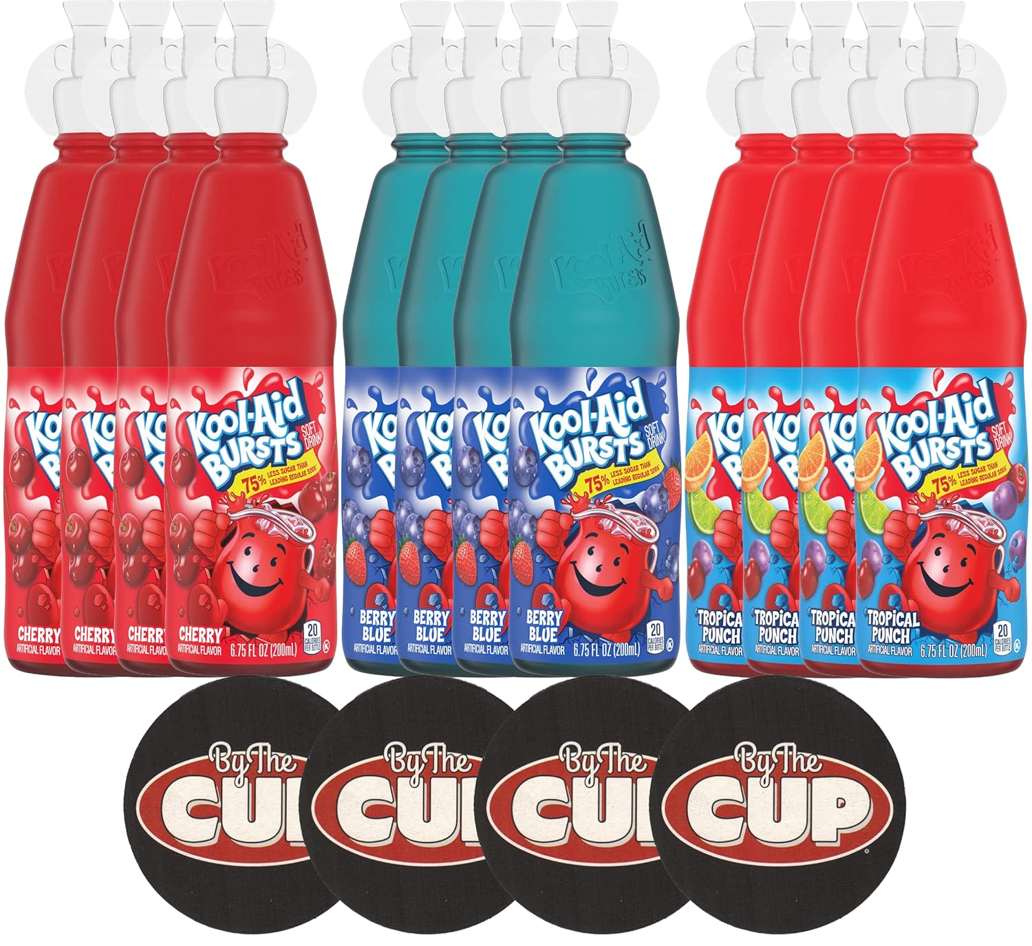 Kool-Aid Burst Soft Drink Variety Includes: Cherry, Berry Blue and Tropical Punch, 6.75 fl oz, 4 of each Flavor (Pack of 12) with By The Cup Coasters