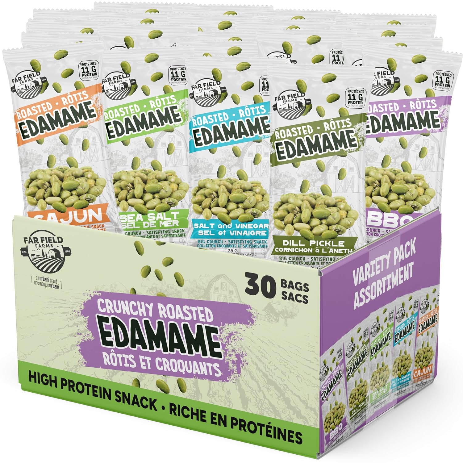Far Field Crunchy Edamame Beans, Variety Pack, Low Calorie, Healthy Snack for Kids & Adults, 11 g of Protein per Bag, Vegan, Low Carb, 0.9 oz - 30 Single Serve Snacks