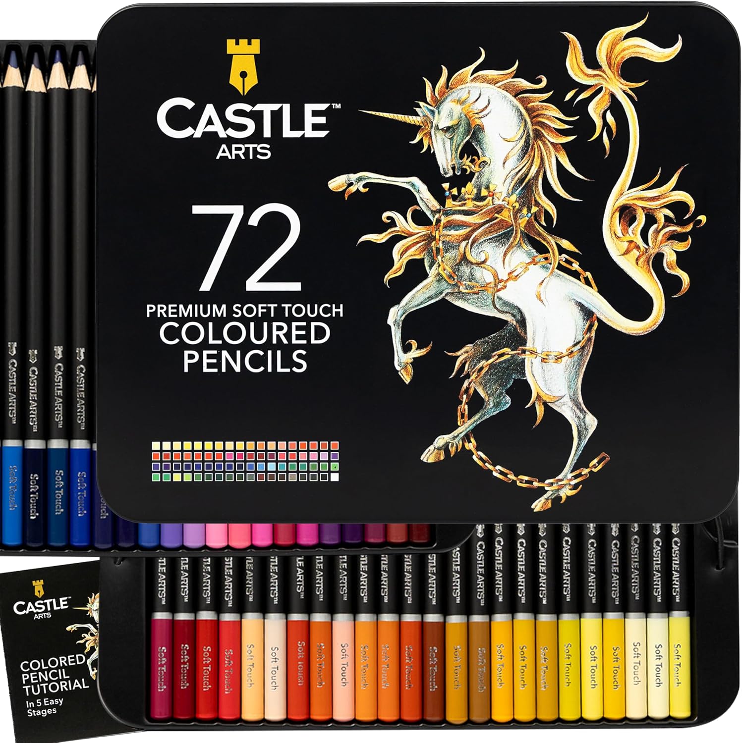 Castle Art Supplies 72 Colouring Pencils Set | Premium Soft Core Coloured Pencils for Adult Artists, Professionals and Colourists | Protected and Organised in Presentation Tin Box