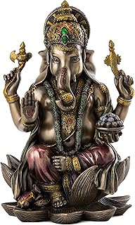 Top Collection Ganesh Statue Sitting on Lotus Pedestal - Lord of Success Sculpture in Premium Cold Cast Bronze with Colored Accents - 7.25-Inch Collectible Hindu God Ganesha Figurine