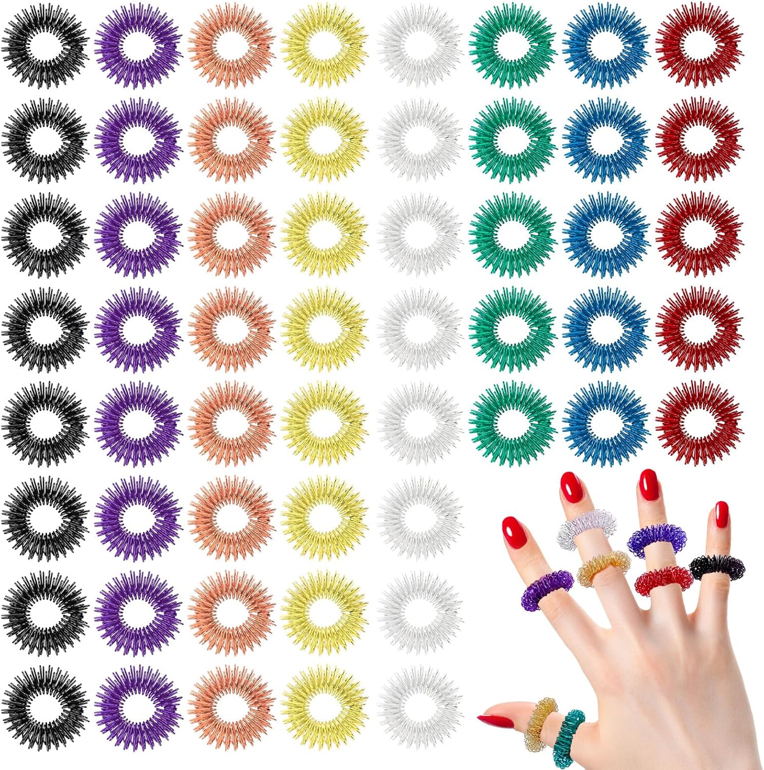 100 PCS Acupressure Rings Spiky Sensory Fidgets Rings, Finger Massage Ring for Stress Relief Toys Acupuncture Ring Set for Kids Women Men, Anxiety Relief Toys Stress Reducer Massager 8 Colors