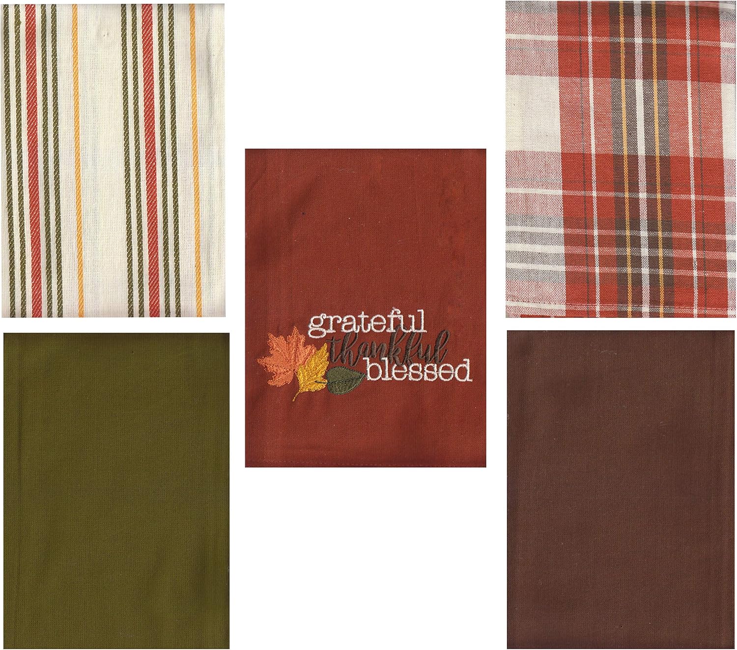 Thanksgiving Towel Set, 5 Pack Kitchen Towels, Grateful Thankful Blessed Cotton Oversize 18 x 28 Inches Fall Theme Design with Solid, Plaid and Stripe