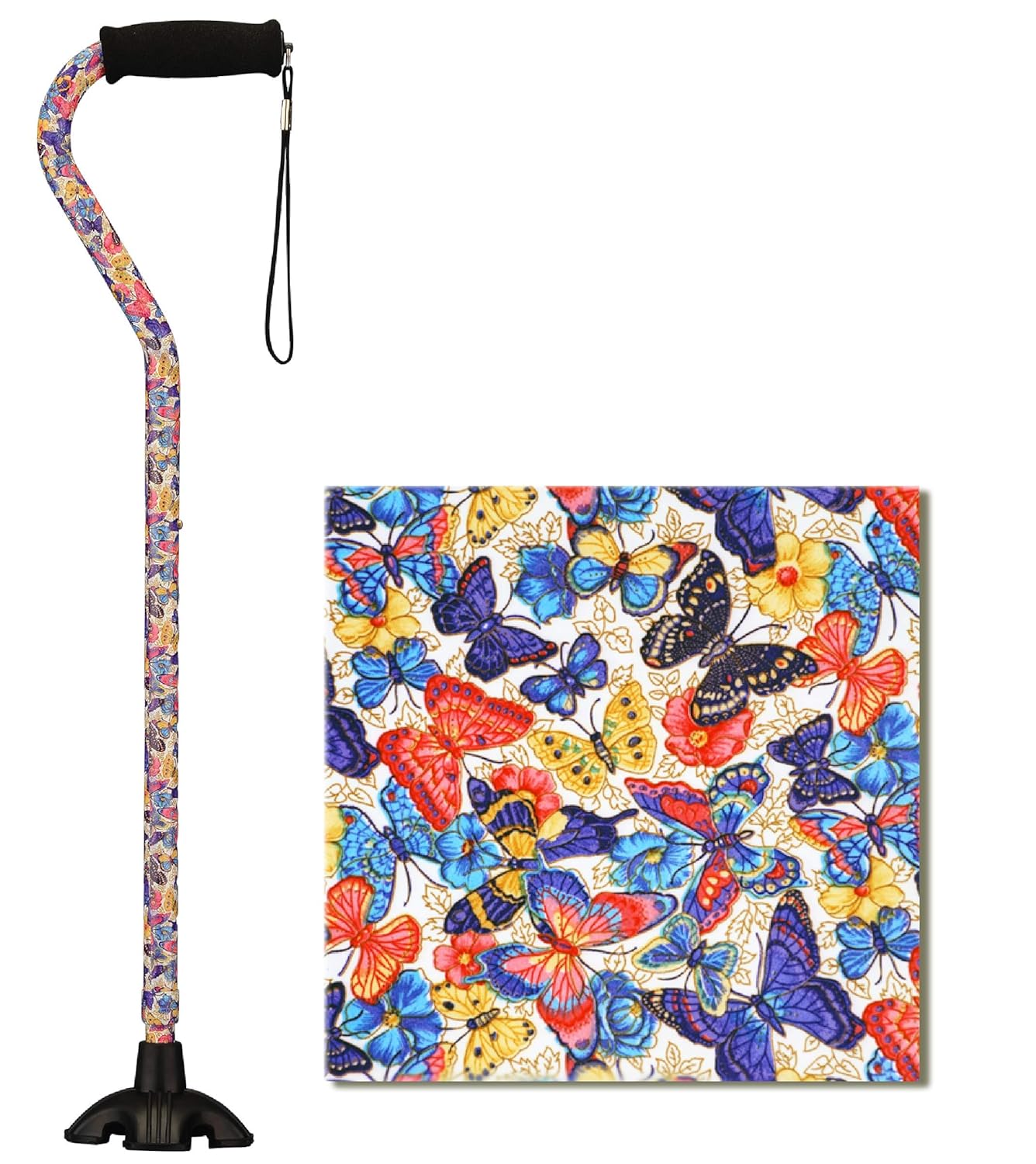 NOVA Medical Products NOVA Sugarcane, Walking Cane with All Terrain Rubber Quad Tip Base and Carrying Strap, Butterfly Symphony Design