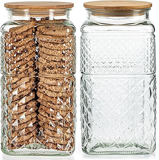 Large Airtight Glass Kitchen Canister, Decorative 110 FL OZ Pantry Organizing Jar, Vintage Glass Container for Sugar & Flour Storage with Bamboo Lid - 2 Pack