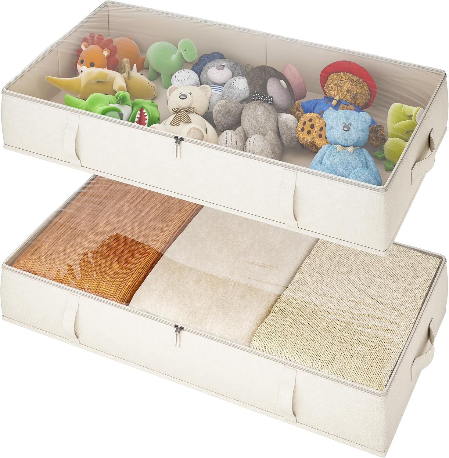Vailando Under Bed Storage Containers, Underbed Storage Bins with 6 Inches Tall, Clothes Storage Box with Sturdy Handles and Sidewalls, Beige, 2-Pack