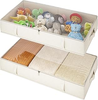 Vailando Under Bed Storage Containers, Underbed Storage Bins with 6 Inches Tall, Clothes Storage Box with Sturdy Handles and Sidewalls, Beige, 2-Pack