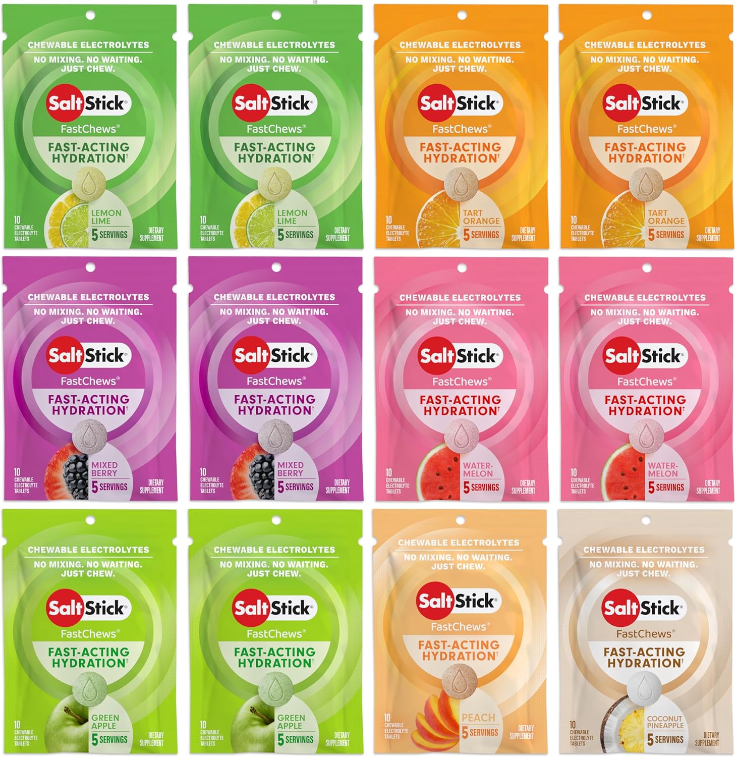 SaltStick Electrolyte FastChews - 120 Count Variety Pack - Chewable Electrolyte Tablets for Hydration, Salt Tabs - 10 Count (Pack of 12)