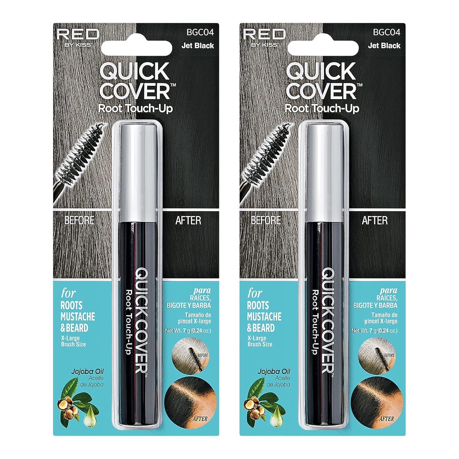 RED by KISS Quick Cover Root Touch Up Rescue (Jet Black 2 Pack), Mascara Natural Water-Resistant Temporary Gray Concealer Cover Up Brush for Hair Mustache & Beard, Formulated with Jojoba Oil