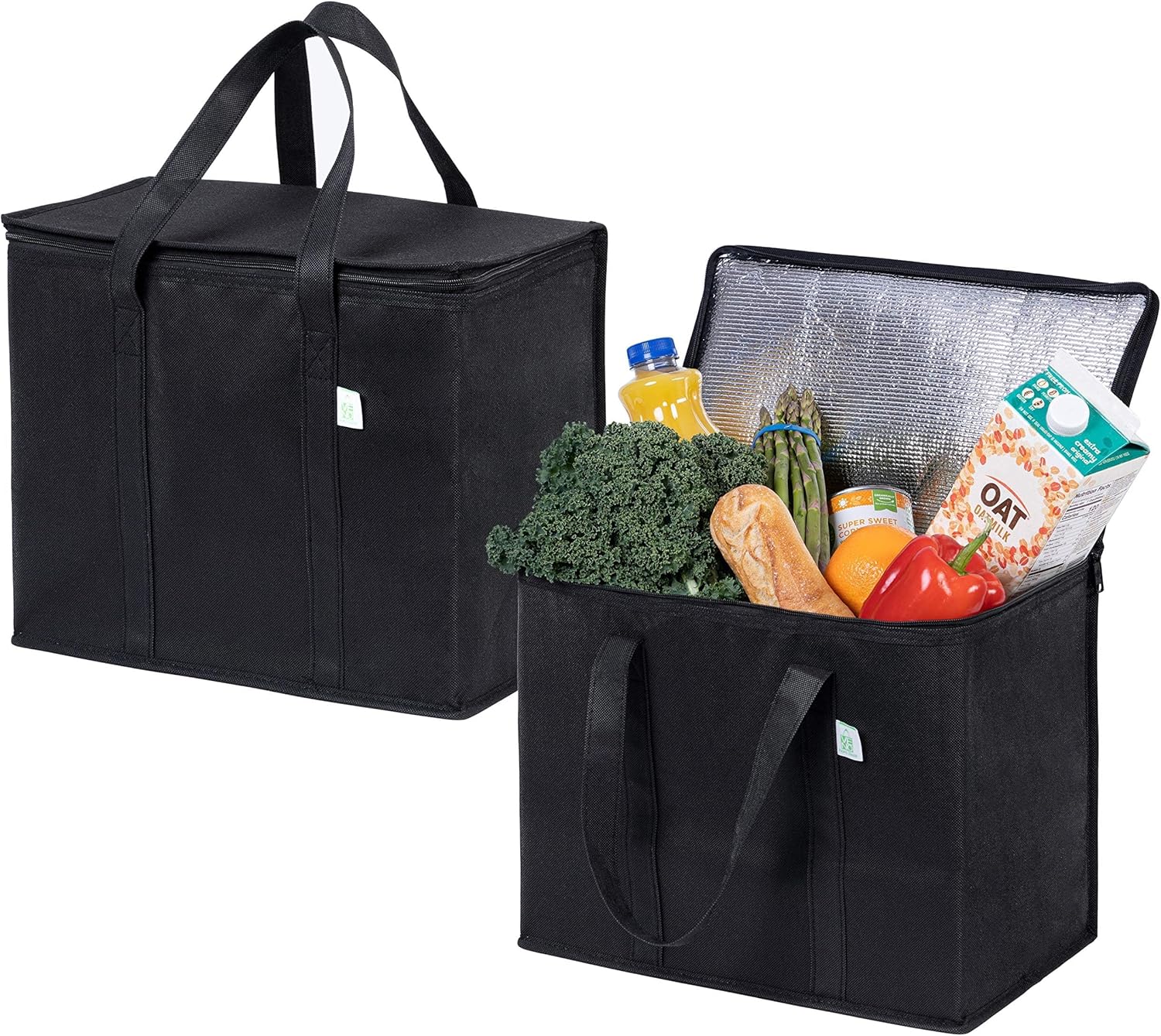 VENO 2 Pack Insulated Reusable Grocery Shopping Bag, Food Delivery, Cooler Bag, Heavy Duty, Large Size, Durable Handles, Dual Tab Zips, Lid, Stands Upright, Collapsible, Sustainable (Black, 2 Pack)