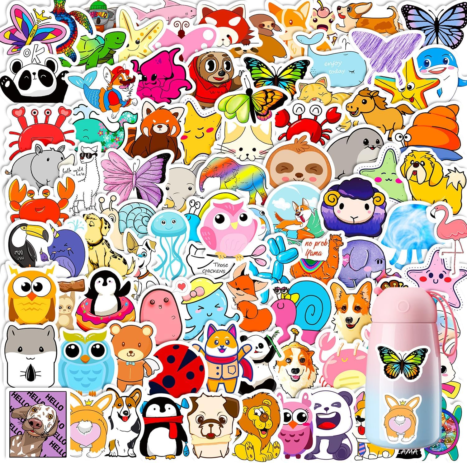 Colorful Animal Stickers 100 Pcs, Cute Aesthetic Stickers Pack, Waterproof Vinyl Stickers for Scrapbook, Kawaii Stickers for Laptop, Journal, Skateboard, Cup, Suitcase, Phone, Guitar, Water Bottle
